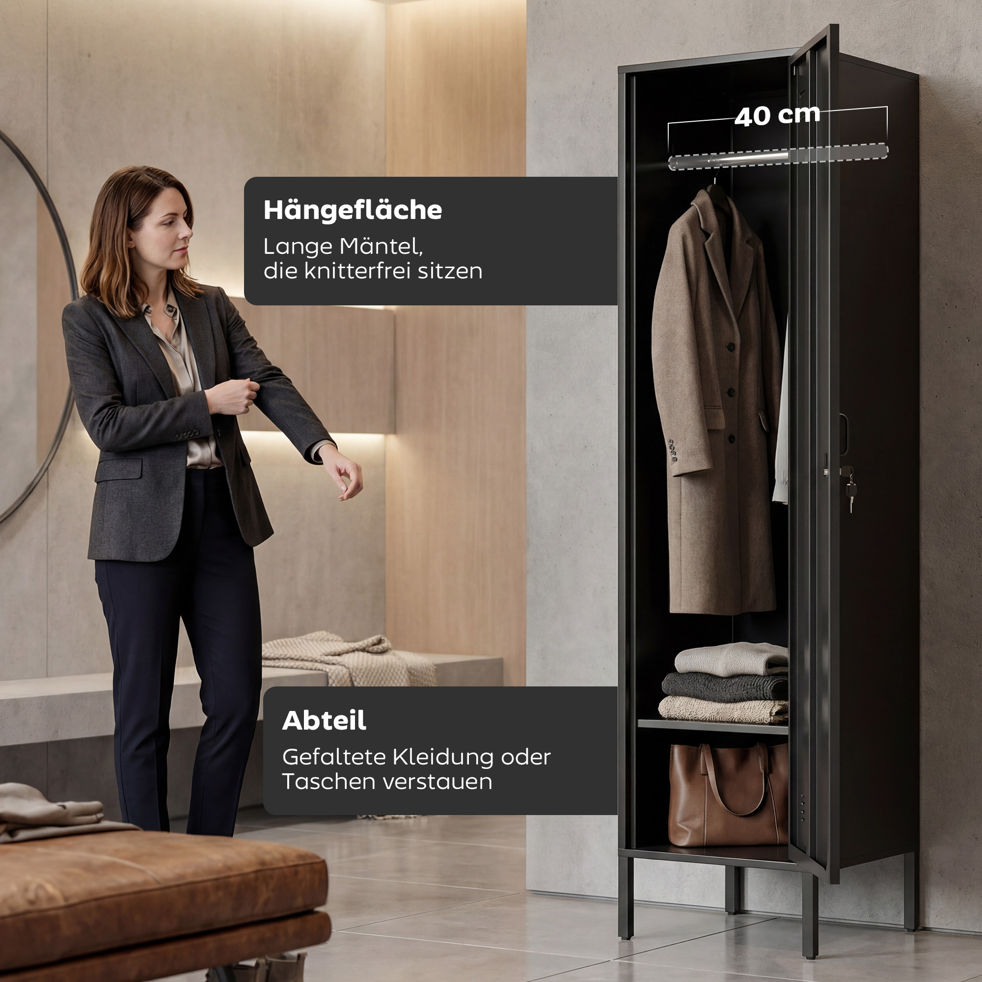 Metallspind mit abschließbarer Tür und Kleiderstange, einzelner Stahlspind für Zuhause oder Büro, Schwarz