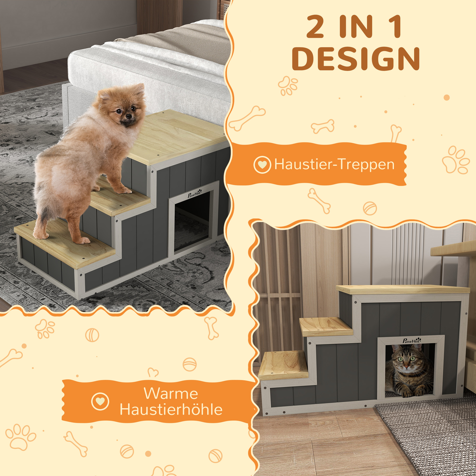 Haustiertreppe Hundetreppe, 3 Stufen, Kiefernholz, 79 cm x 38,5 cm x 45 cm, Natur + Weiß