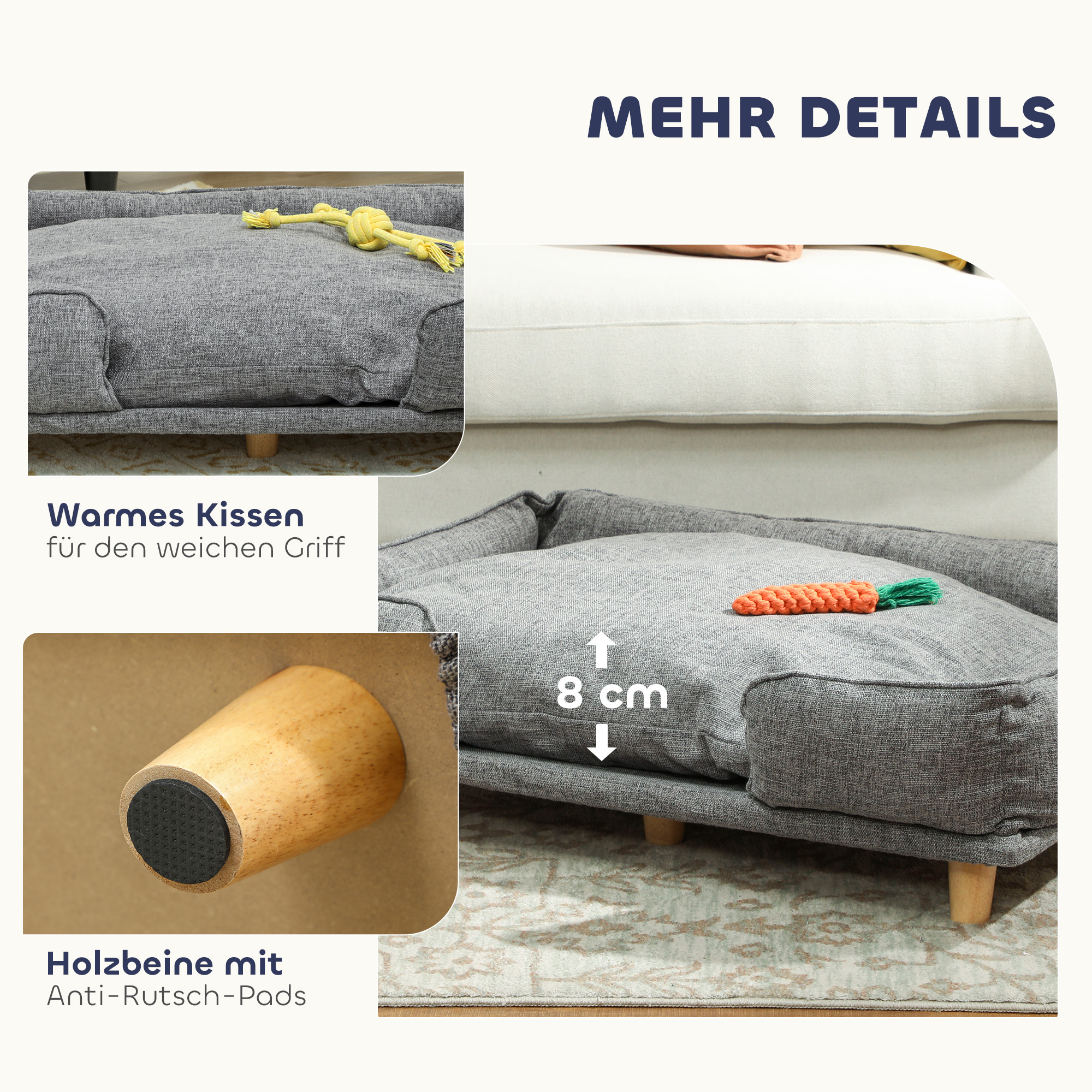 Hundesofa, Haustiersofa, Haustierbett, abnehmbares u. waschbares Polster, Natur+ Dunkelgrau