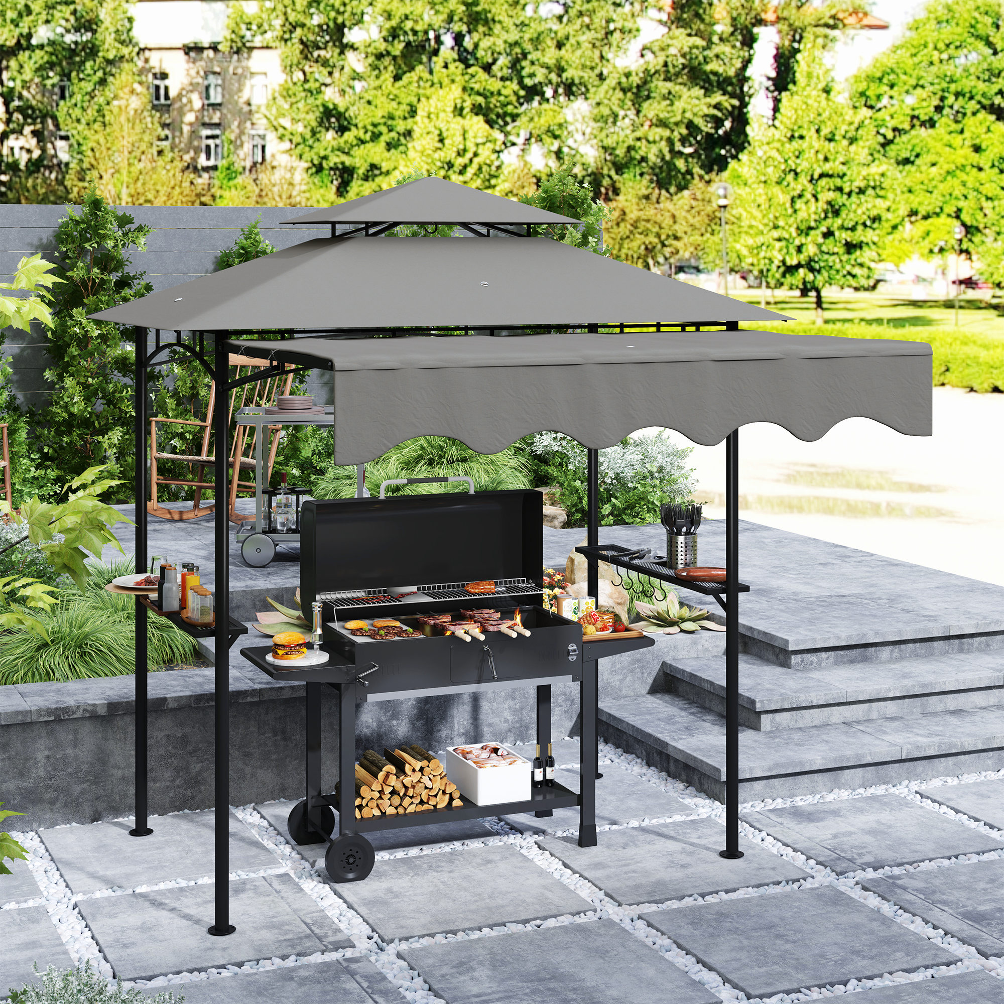 Grillpavillon 242x232x248 cm wasserabweisend flammhemmend Gartenpavillon mit Doppelschichtdach Grau