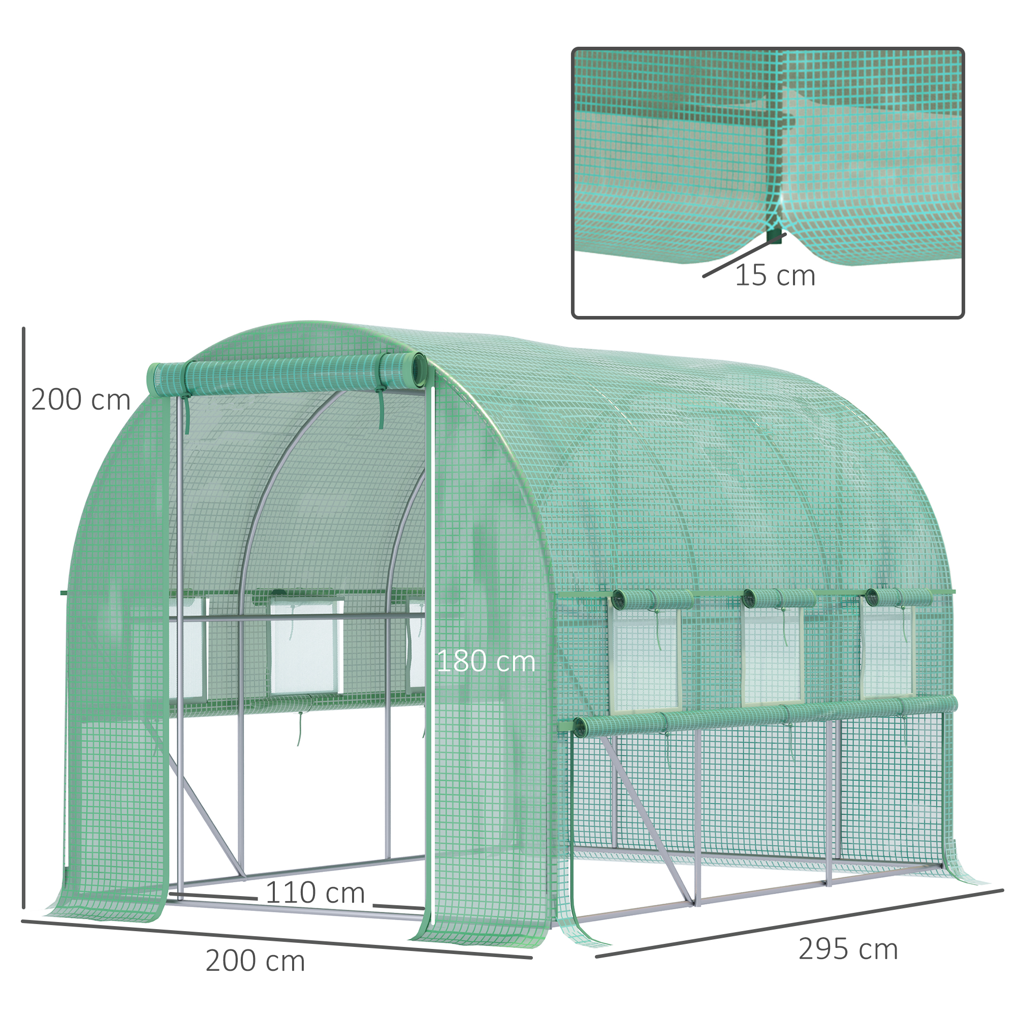 Foliengewächshaus, 6 aufrollbare Fenster, Tür mit Reißverschluss, rostfreier Stahlrahmen, 2,95 x 2 x 2 m, Grün