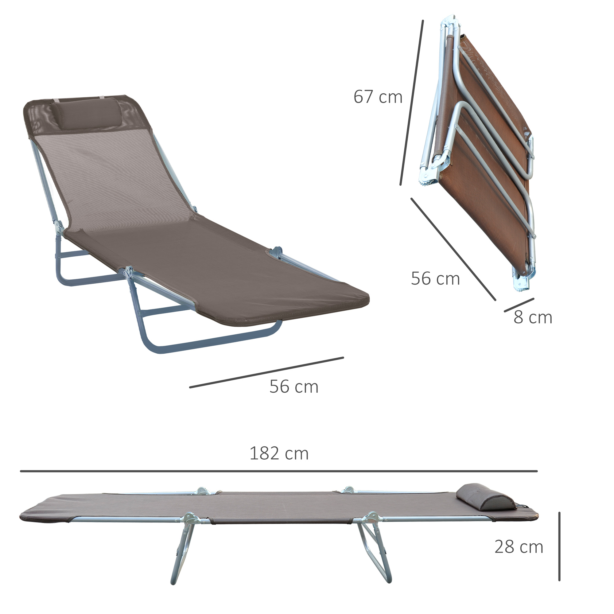 Sonnenliege klappbar Gartenliege mit Kopfkissen Liegestuhl verstellbar mit 5-Fach Campingliege bis 120kg belastbar für Garten, Balkon und Pool geeignet, 4 Farben(Braun)