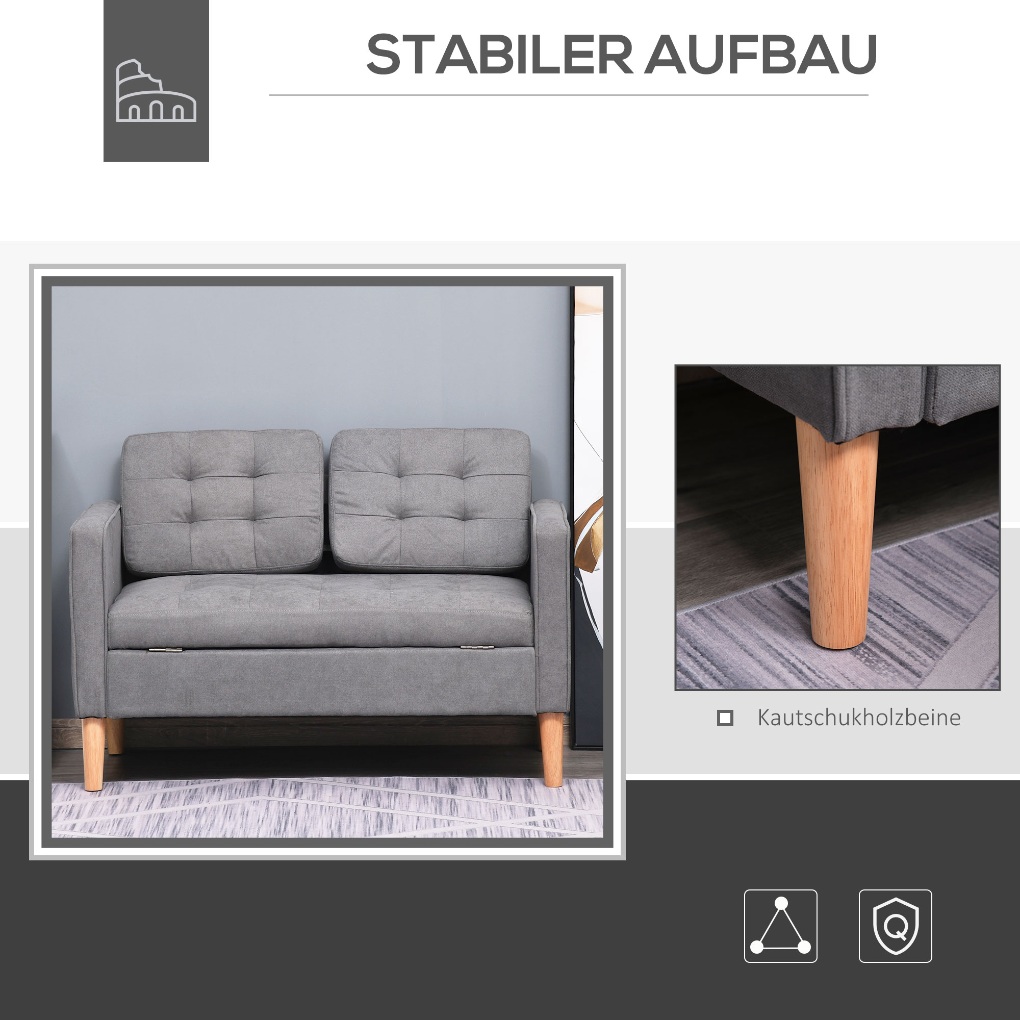 2 Sitzer Sofa, Couch mit Stauraum, Holzbeine, gepolstertes Polstersofa mit Samtoptik für Wohnzimmer, Schlafzimmer, 117x 62 x 78 cm, Grau