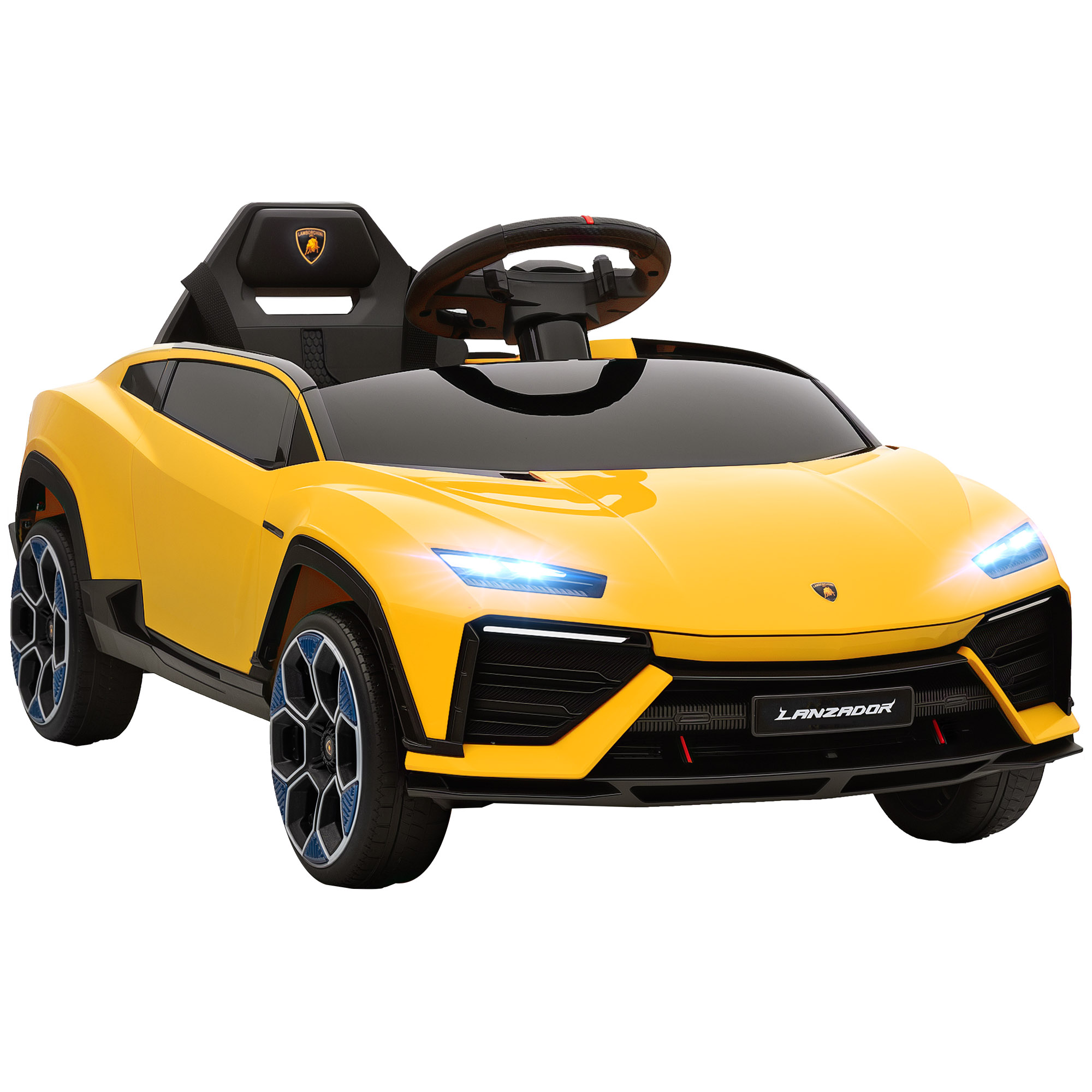 Kinder Elektroauto 12V Kinderauto mit 2,4 GHz Fernbedienung, 2 Motor, Hupe, LED, Musik, 101,5 x 49 x 43 cm, Gelb