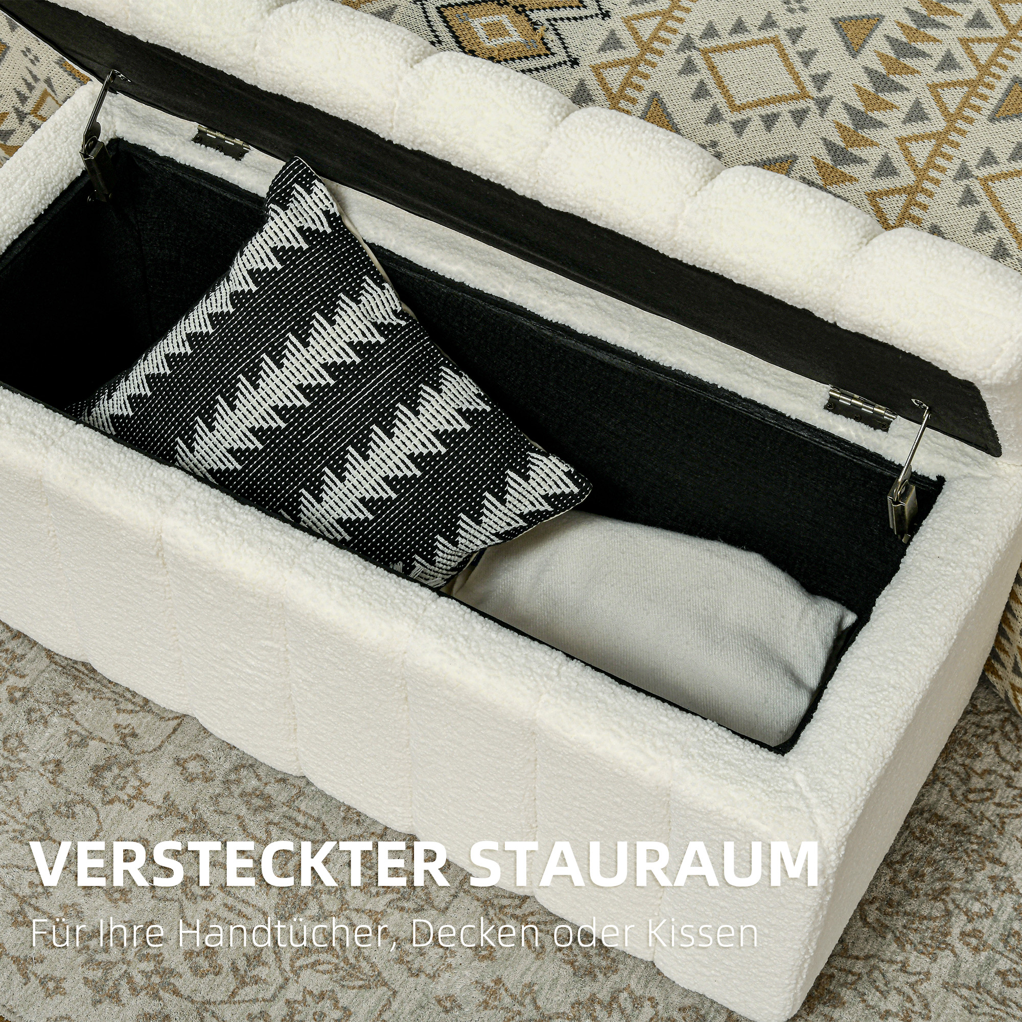 Polsterbank, Bettbank mit Stauraum, belastbar bis 120kg, 102x45x46cm, Cremeweiß