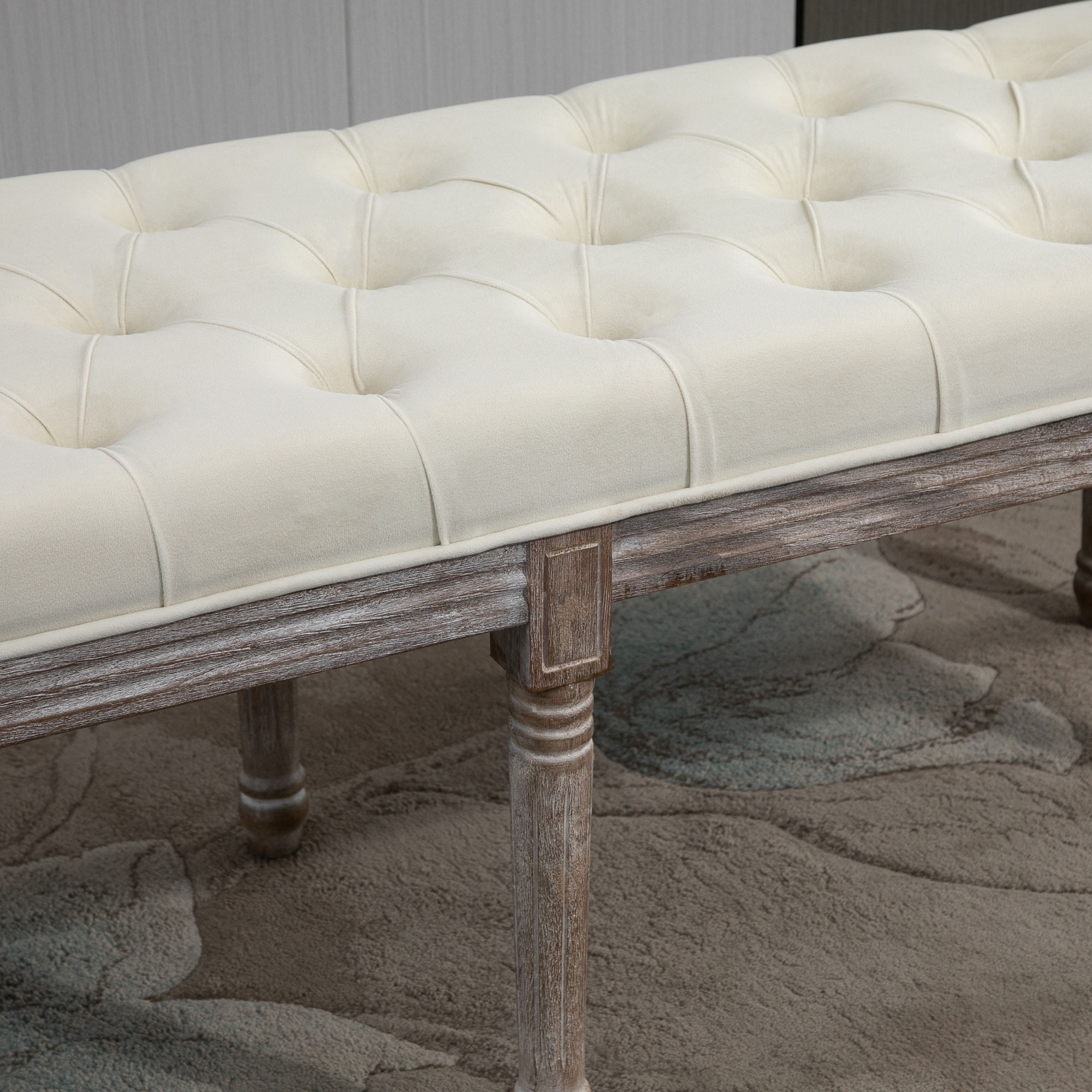 Polsterbank Sitzbank Vintage Bettbank mit Knöpfen Samtige Berührung Gummiholz Beige 142 x 47 x 51 cm