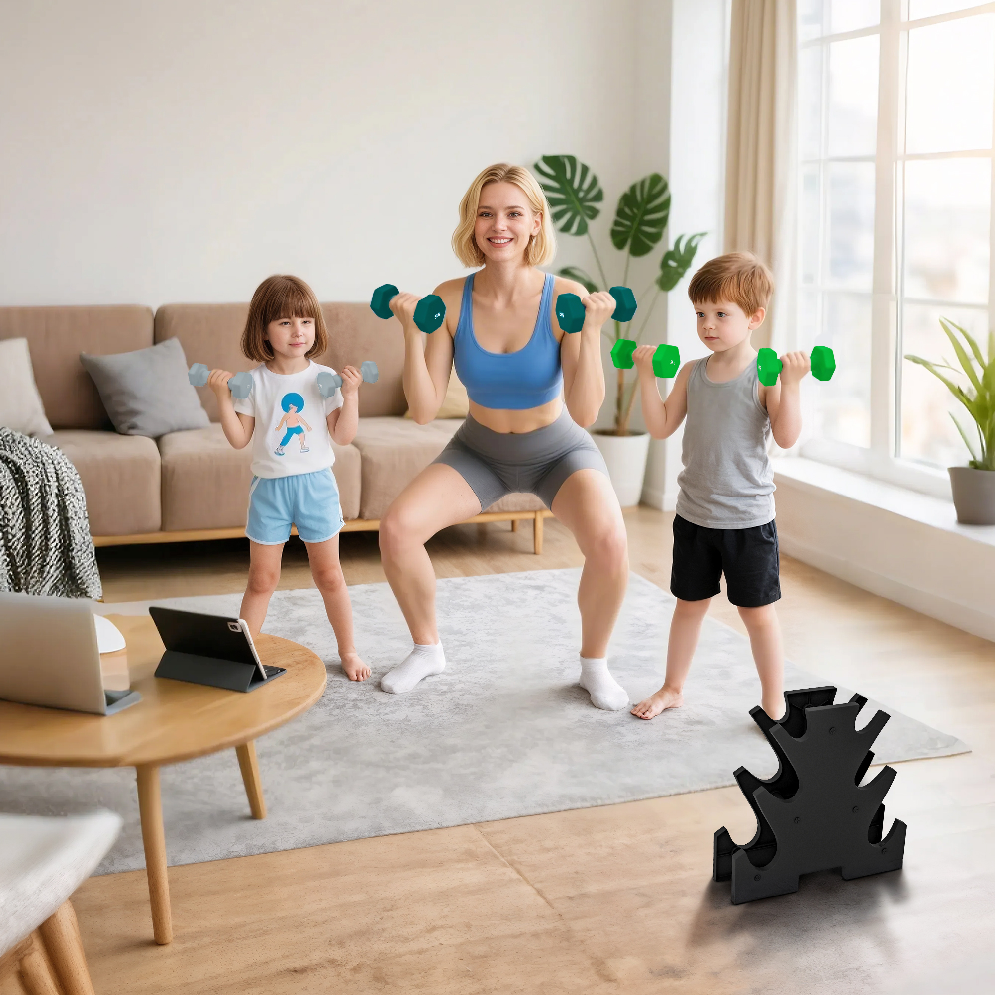 Hantelset mit Aufbewahrungsgestell, Set mit 6 Hanteln für Fitness-Training, 2 x 1kg, 2 x 3kg, 2 x 5kg