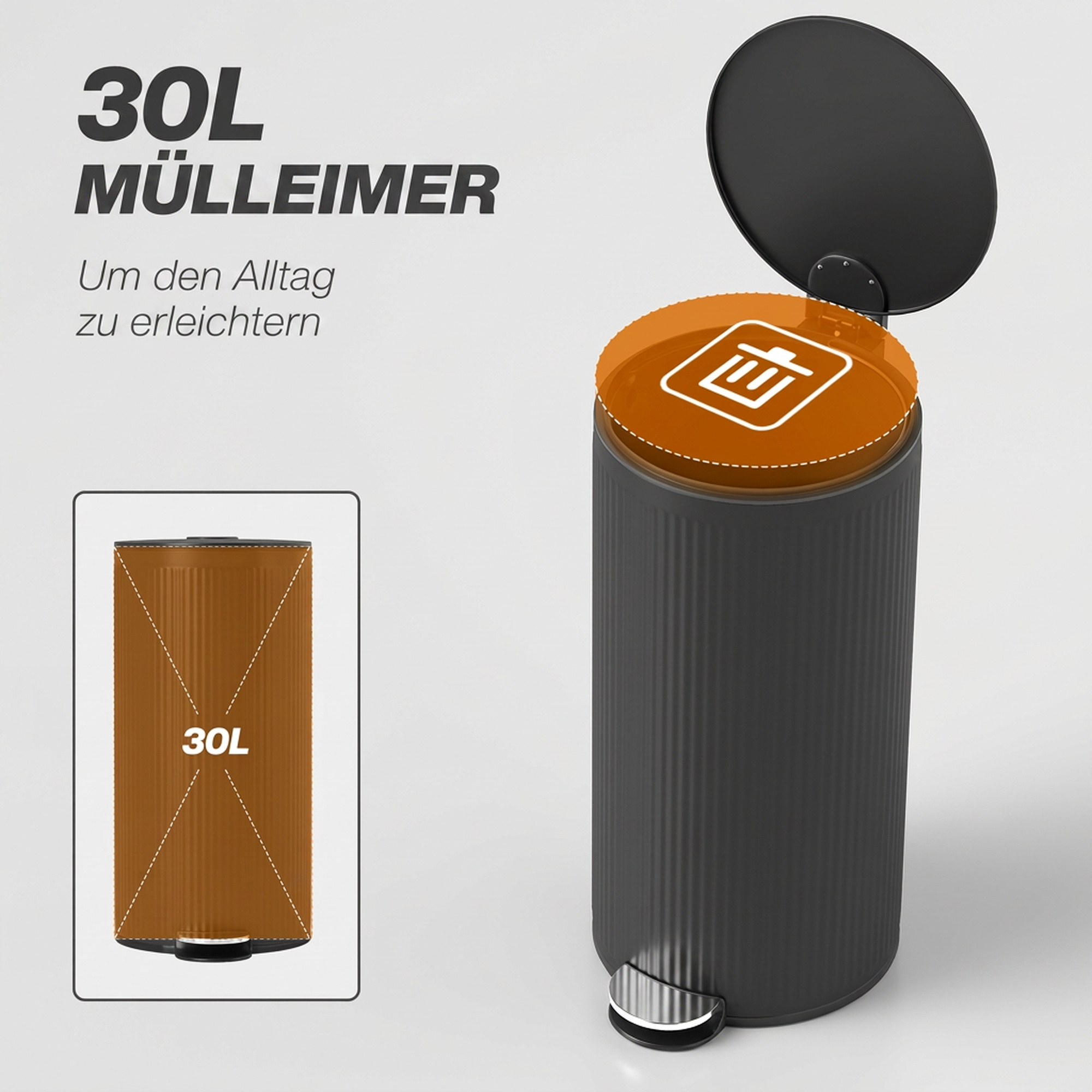 Mülleimer 30 L Treteimer mit Softclose-Deckel und Pedal, Inneneimer Metall, Schwarz, 36 x 30 x 60,5 cm