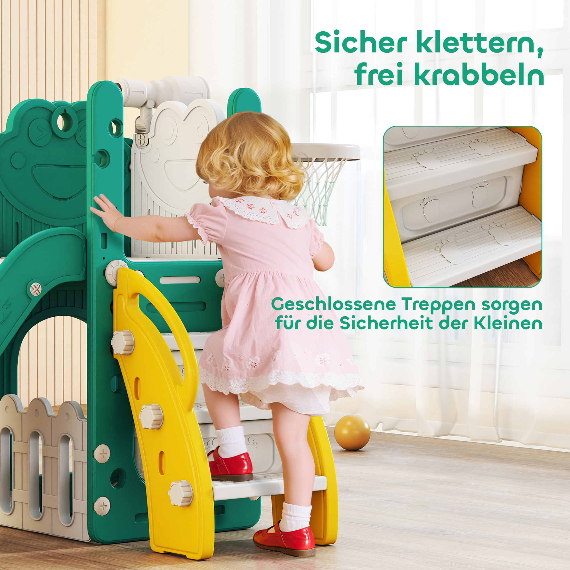 5-in-1 Kinderrutschenset, Teleskop, Basketballkorb, Kunststoff, Gelb+Grün