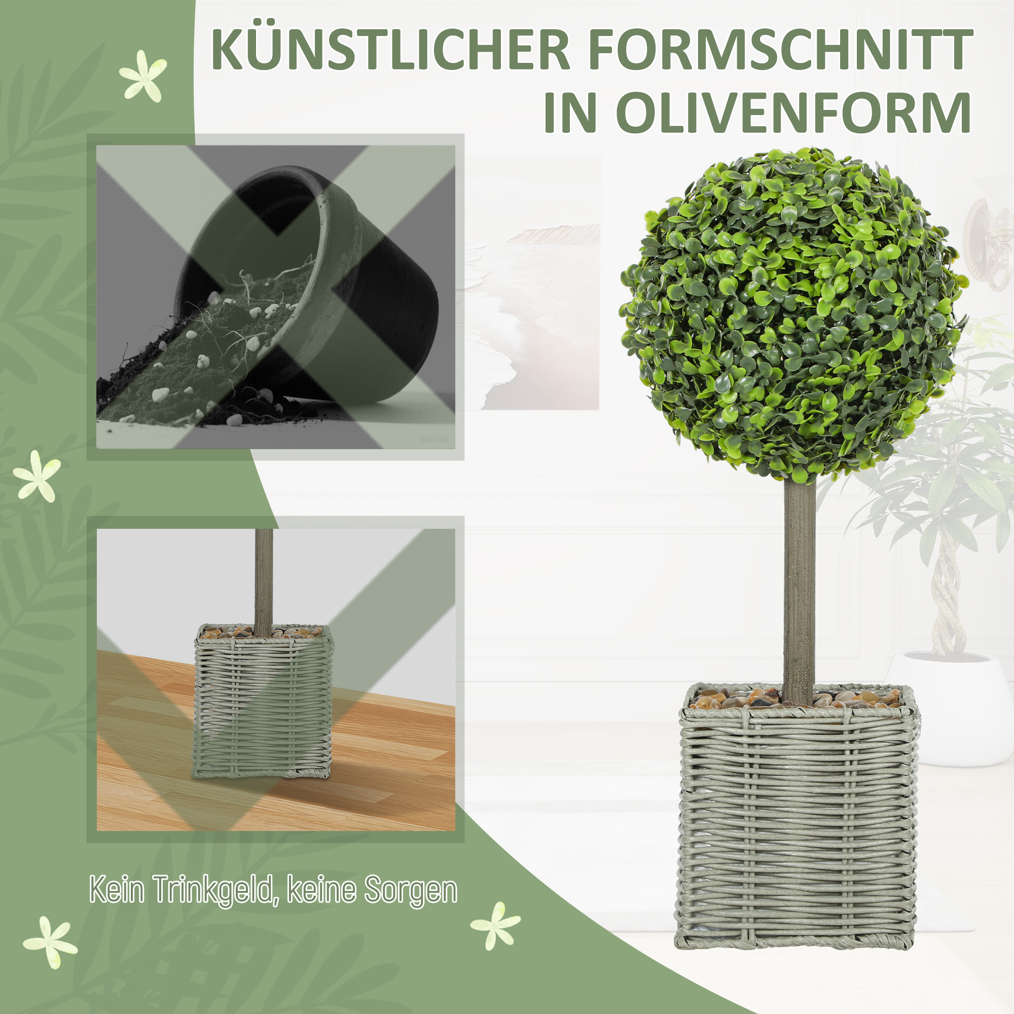 2er-Set künstliche Pflanzen, UV-beständige Kunstbäume im Topf, für drinnen und draußen geeignet, Kunststoff, Zement, Grün