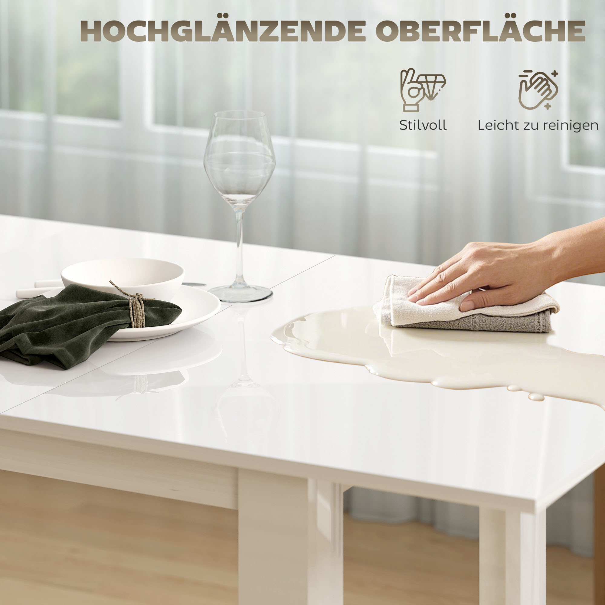 ausziehbarer Esstisch, 120-160 x 70 cm, verstellbarer Küchentisch für 4-6 Personen, MDF, Hochglanzweiß