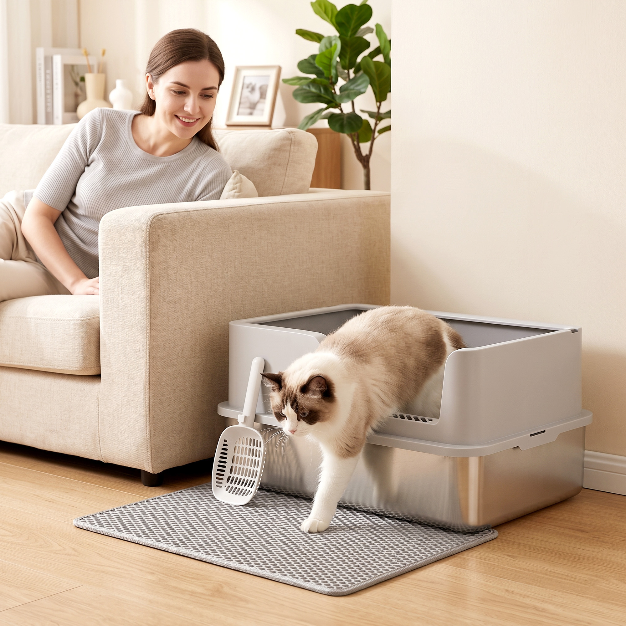 Katzentoilette XL Edelstahl mit Deckel, hohe Seitenwände, Schaufel Bürste Matte für Kätzchen bis 8 kg Hellgrau