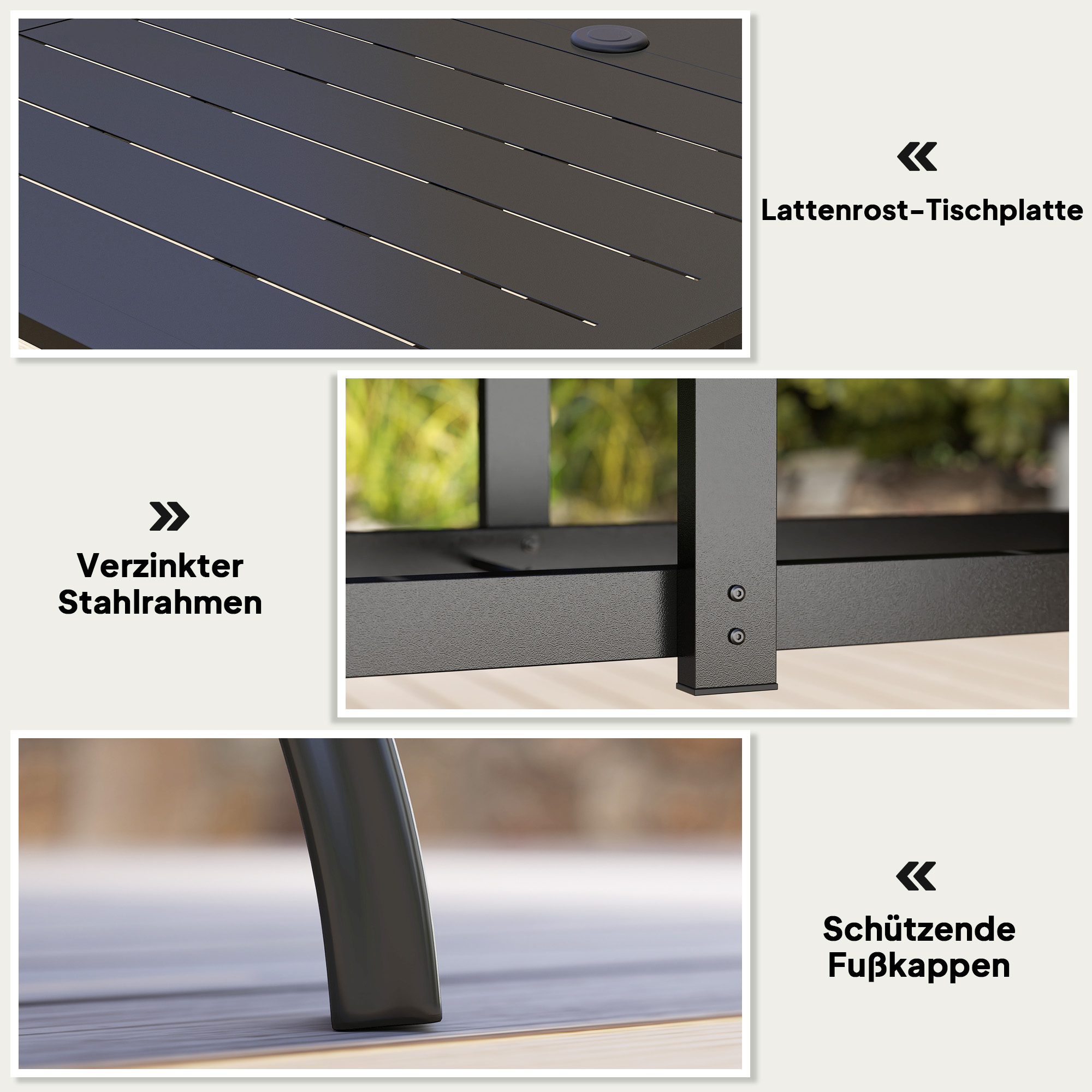 Gartentisch Stahl 150x90 cm Wetterfest Balkontisch mit Schirmloch, Lamellen-Design für 6 Personen Schwarz