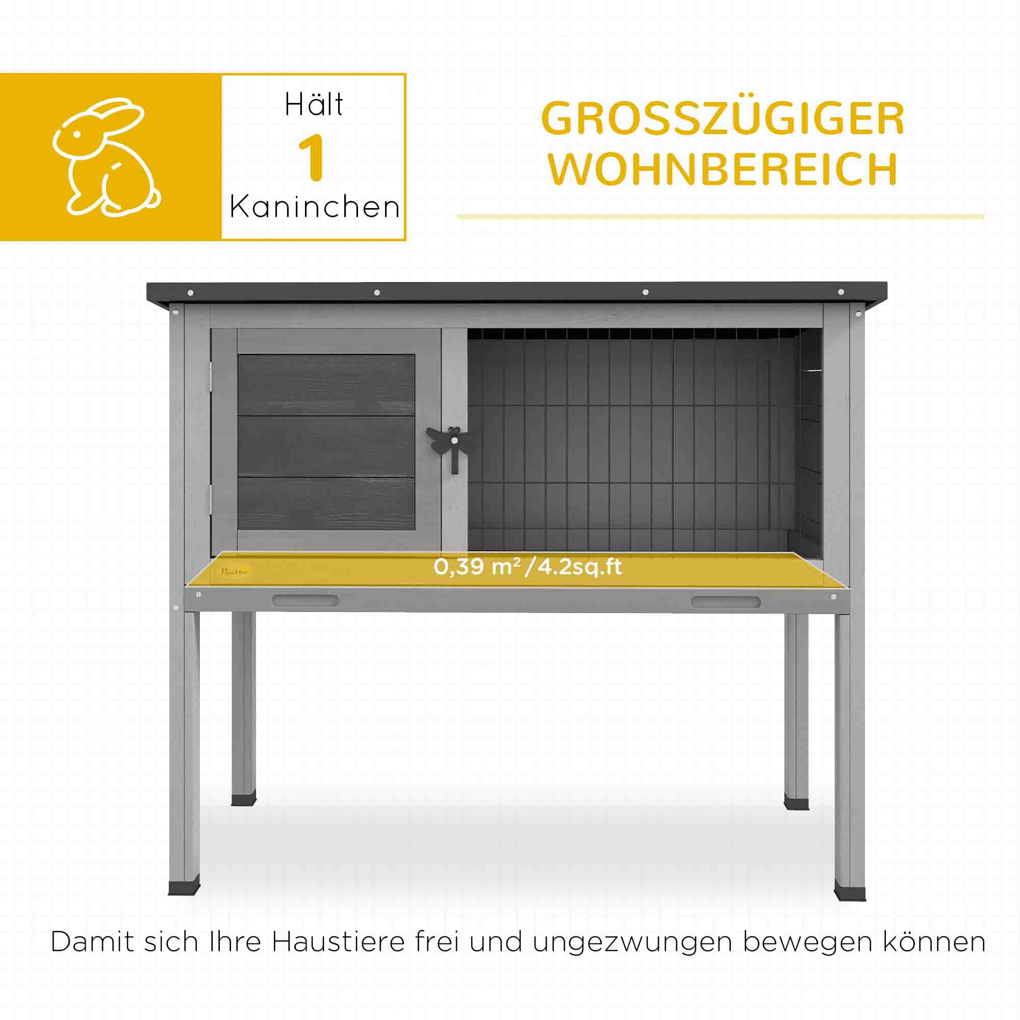 Hasenstall Kaninchenstall aus Tannenholz Winterfest Hasenkäfig mit aufklappbar Dach 84x43x70 cm Grau