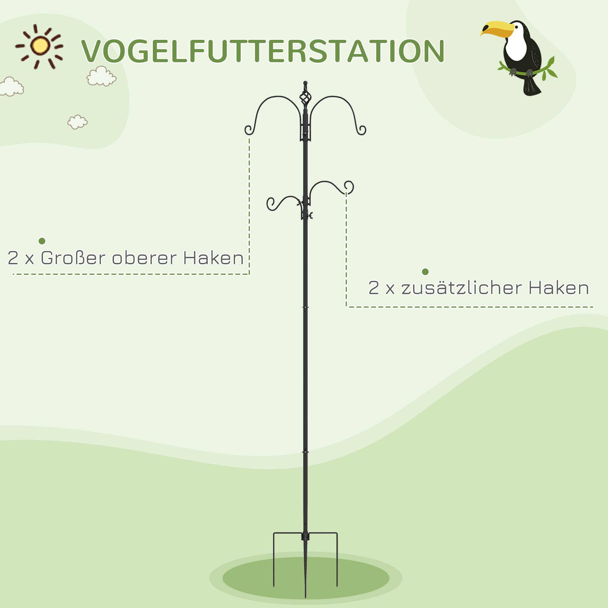 Vogelfutterstation, Outdoor-Futterspender, 4 Haken, Stahl, Schwarz
