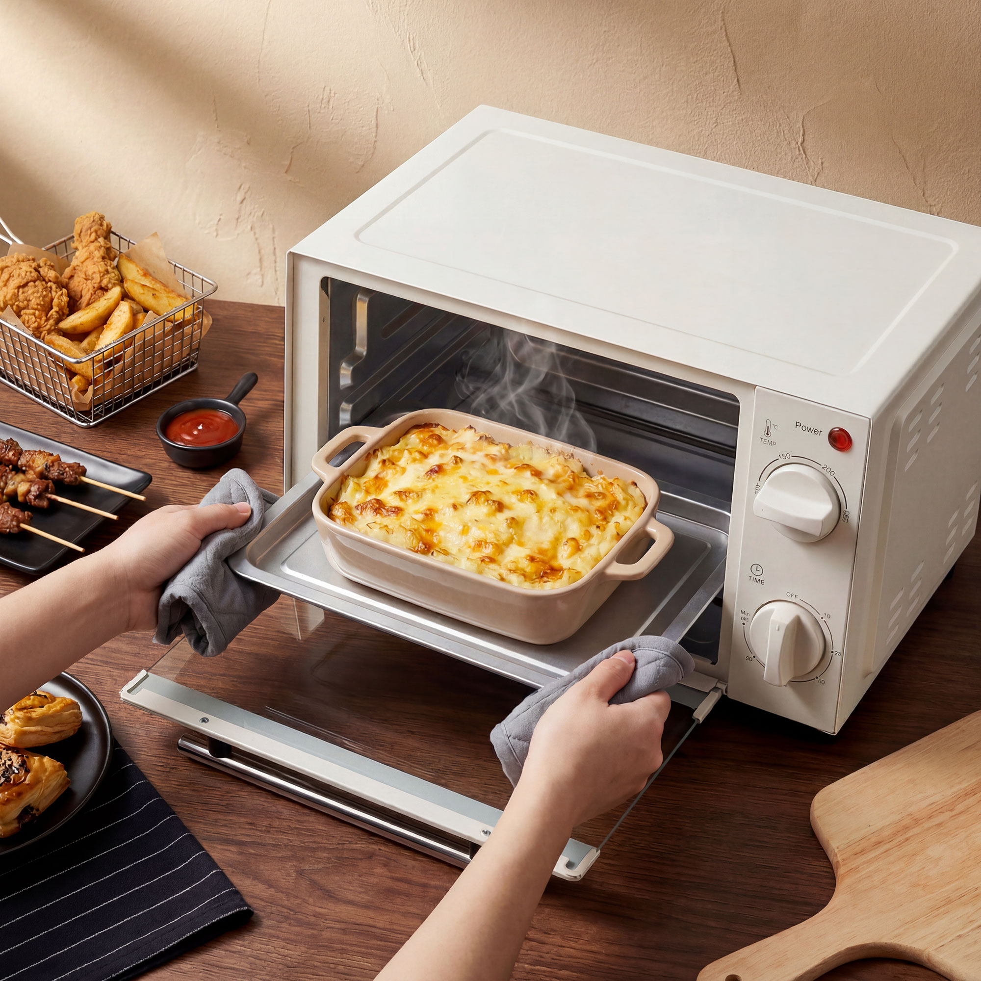 Minibackofen, 9 L Mini-Ofen mit Backblech, Grillrost, mit einstellbarer Temperatur und Garzeit, Edelstahl, Cremeweiß