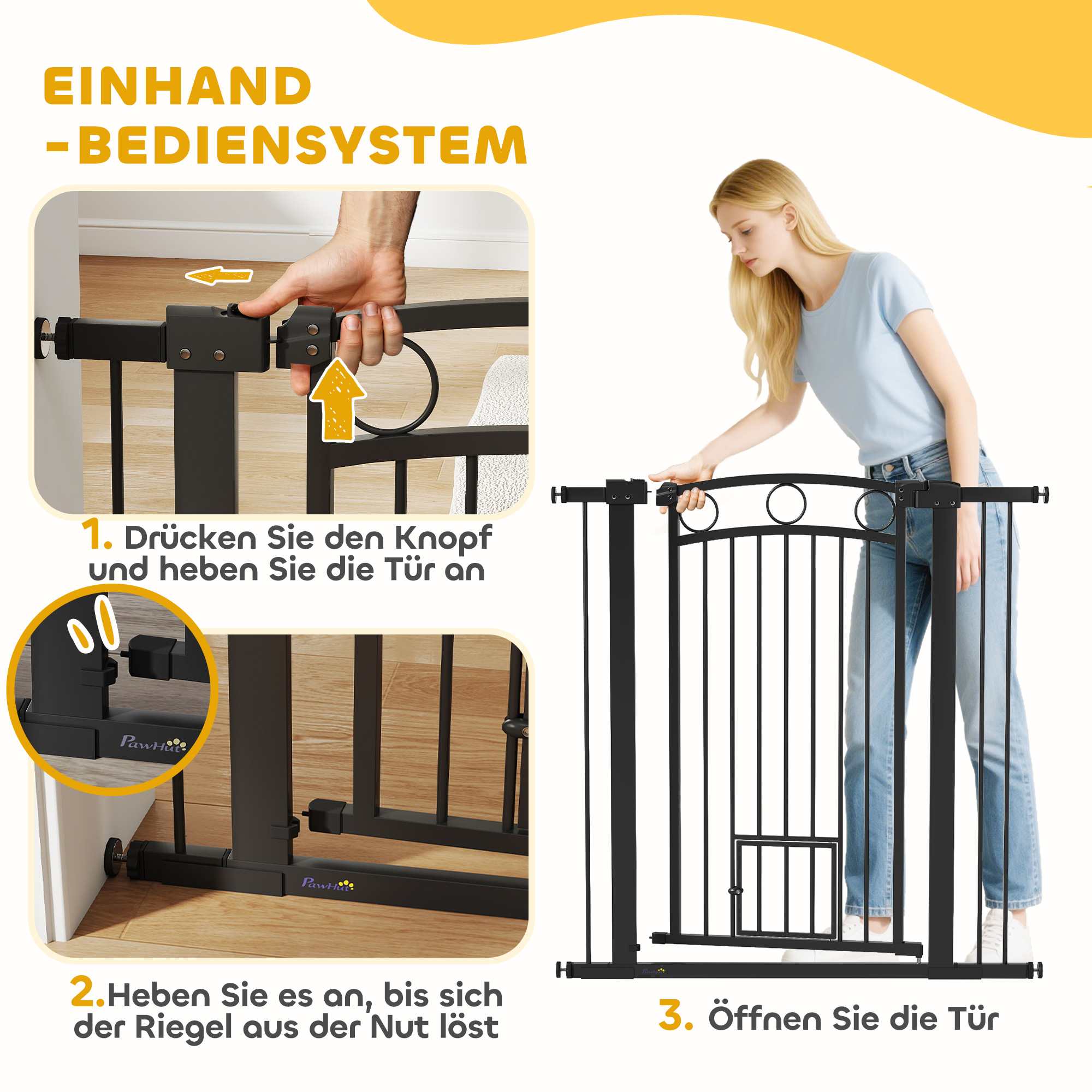 106 cm hohes Haustiergitter mit anpassbarer Breite, integrierte Katzentür, für Treppen und Türrahmen, Schwarz