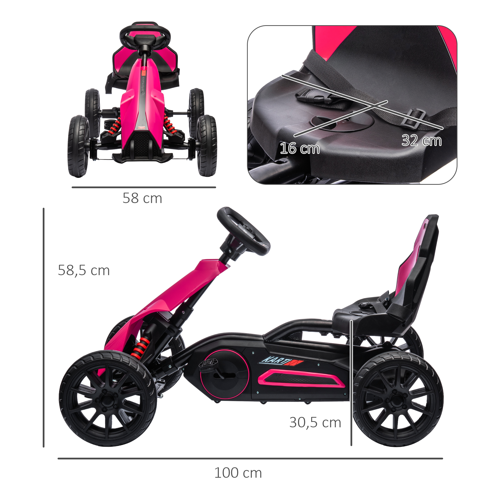 Go-Kart, Kinderfahrzeug mit verstellbarem Sitz, Tretfahrzeug, Tretauto mit Handbremse, 3-8 Jahre, Outdoor, Rosa