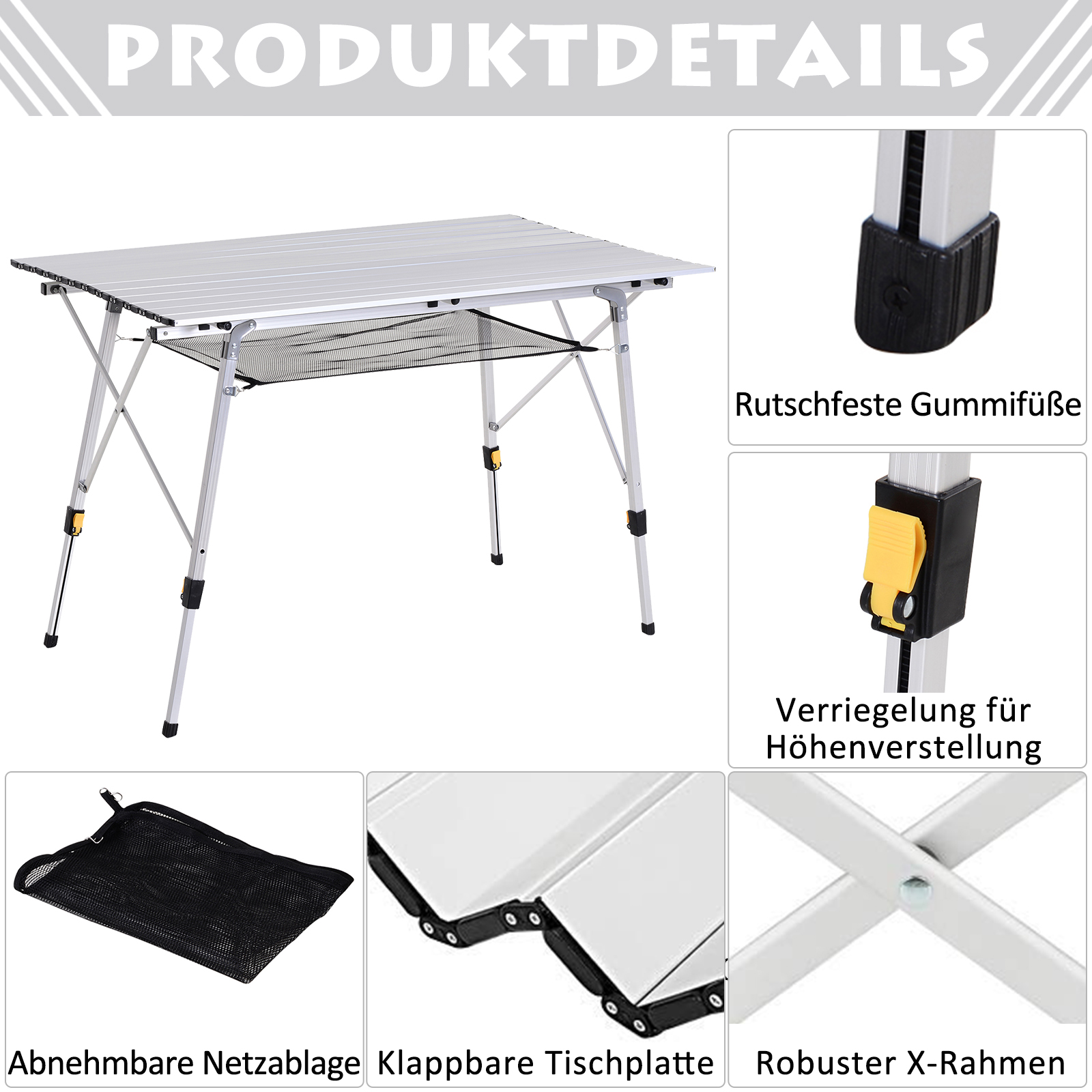 Picknick Klapptisch, Falttisch, Höhenverstellbarer Campingtisch, Inkl. Tragetasche, Aluminium, Silber, 120 x 69 x 59-78 cm