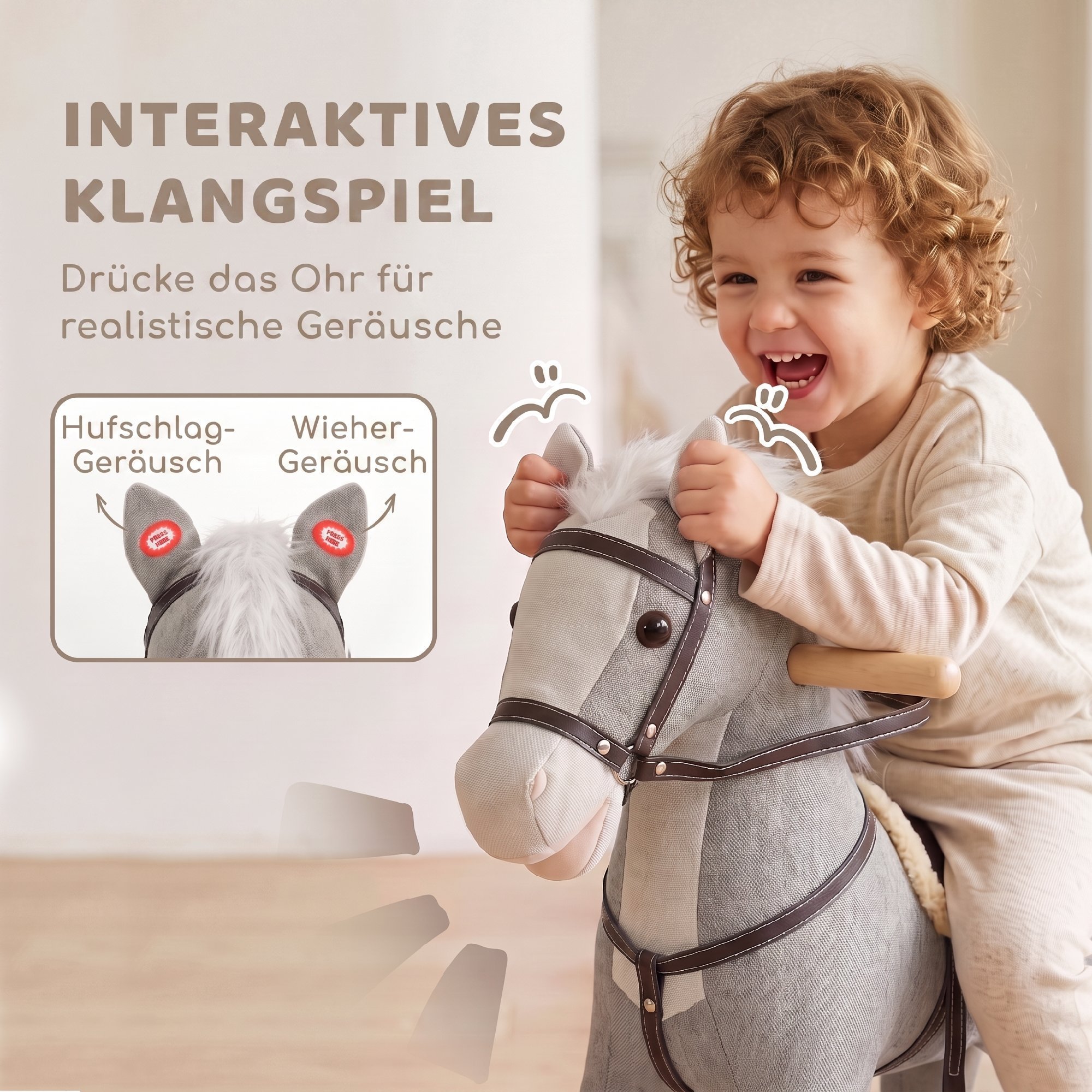 Schaukelpferd mit Sound und Sicherheitsgriffen, Reitpferd mit Holzgestell für Kleinkinder von 12–36 Monaten, Grau