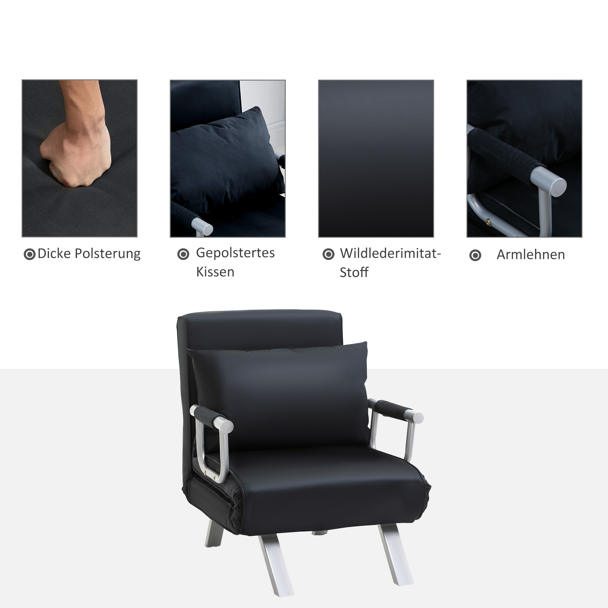 3-in-1 Schlafsofa, Gästebett, Sessel inklusive Kissen, Schwarz