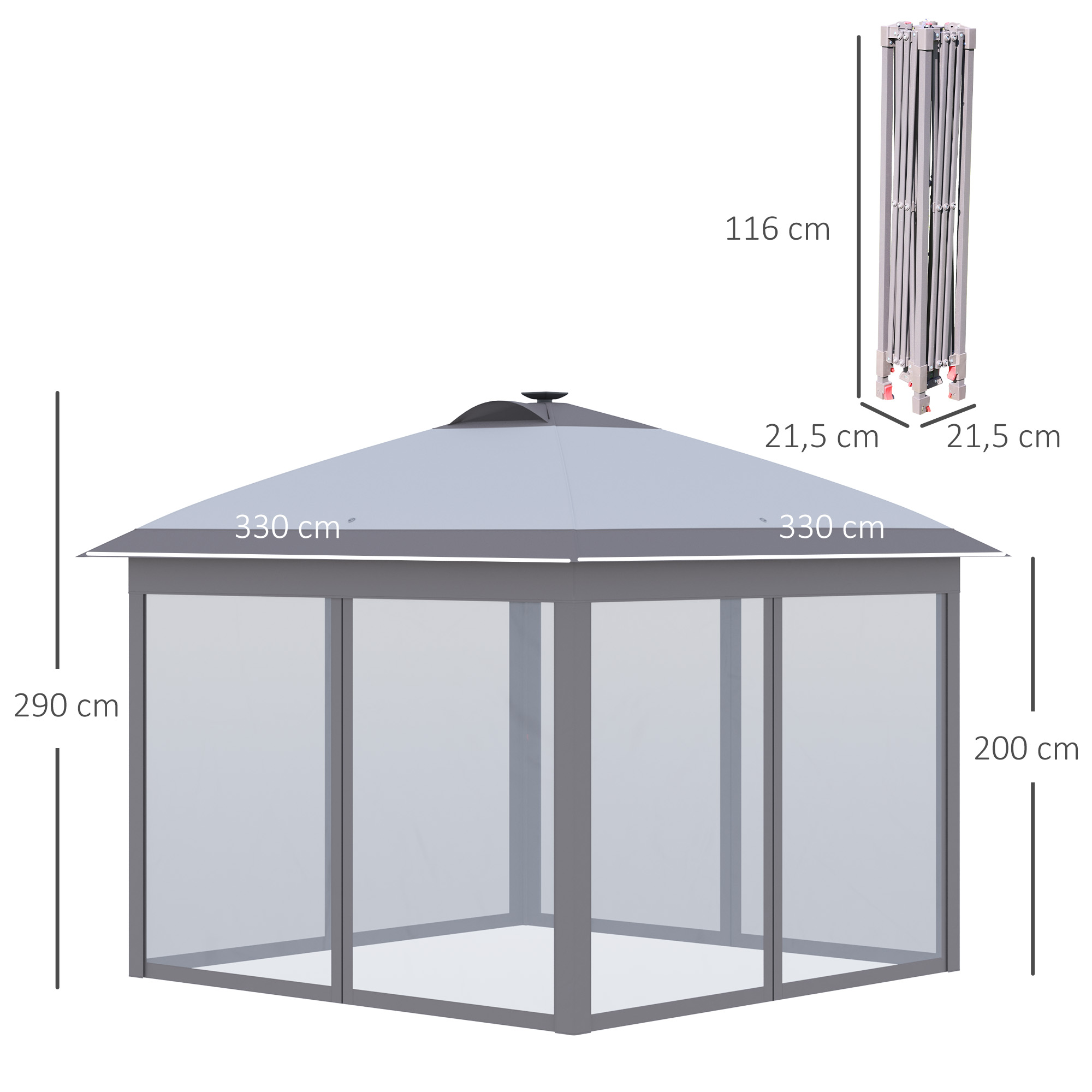 3,3 x 3,3 m Faltpavillon mit LED-Beleuchtung, Meshvorhänge, Tragetasche, Grau