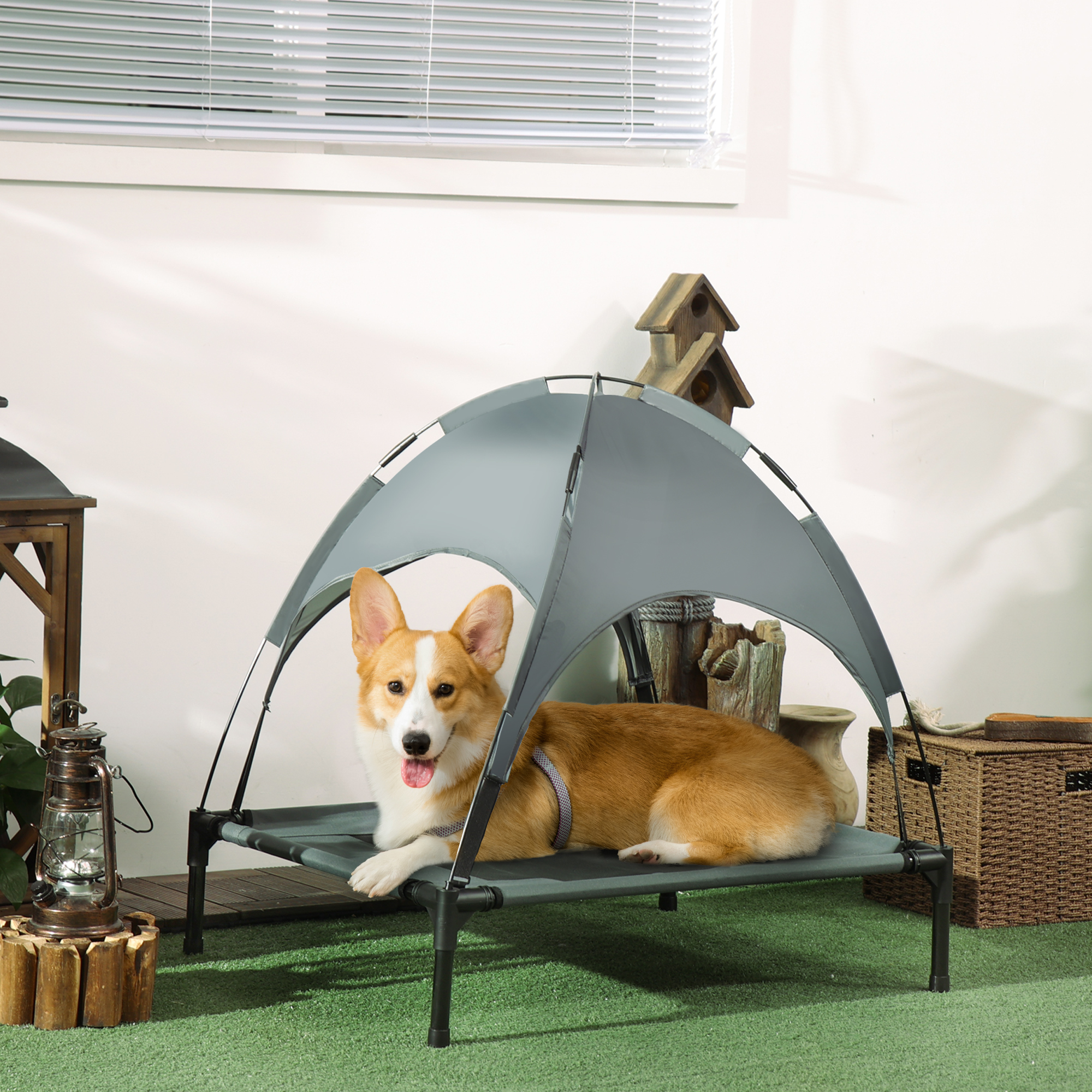 erhöhtes Hundebett mit Baldachin, Haustierbett, Hundeliege outdoor mit Dach, Atmungsaktiv, Taftstoff für Camping Grau 76 x 61 x 73 cm