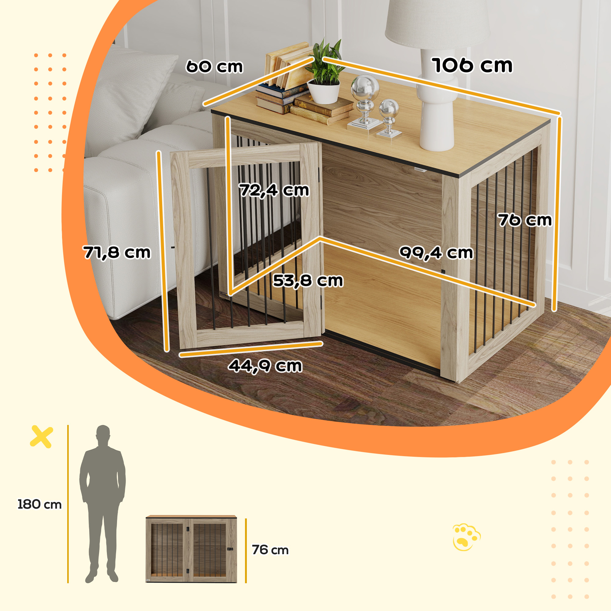Hundebox, Haustierbox für große Hunde, Hundehütte, Indoor, 106 x 60 x 76 cm, Eiche