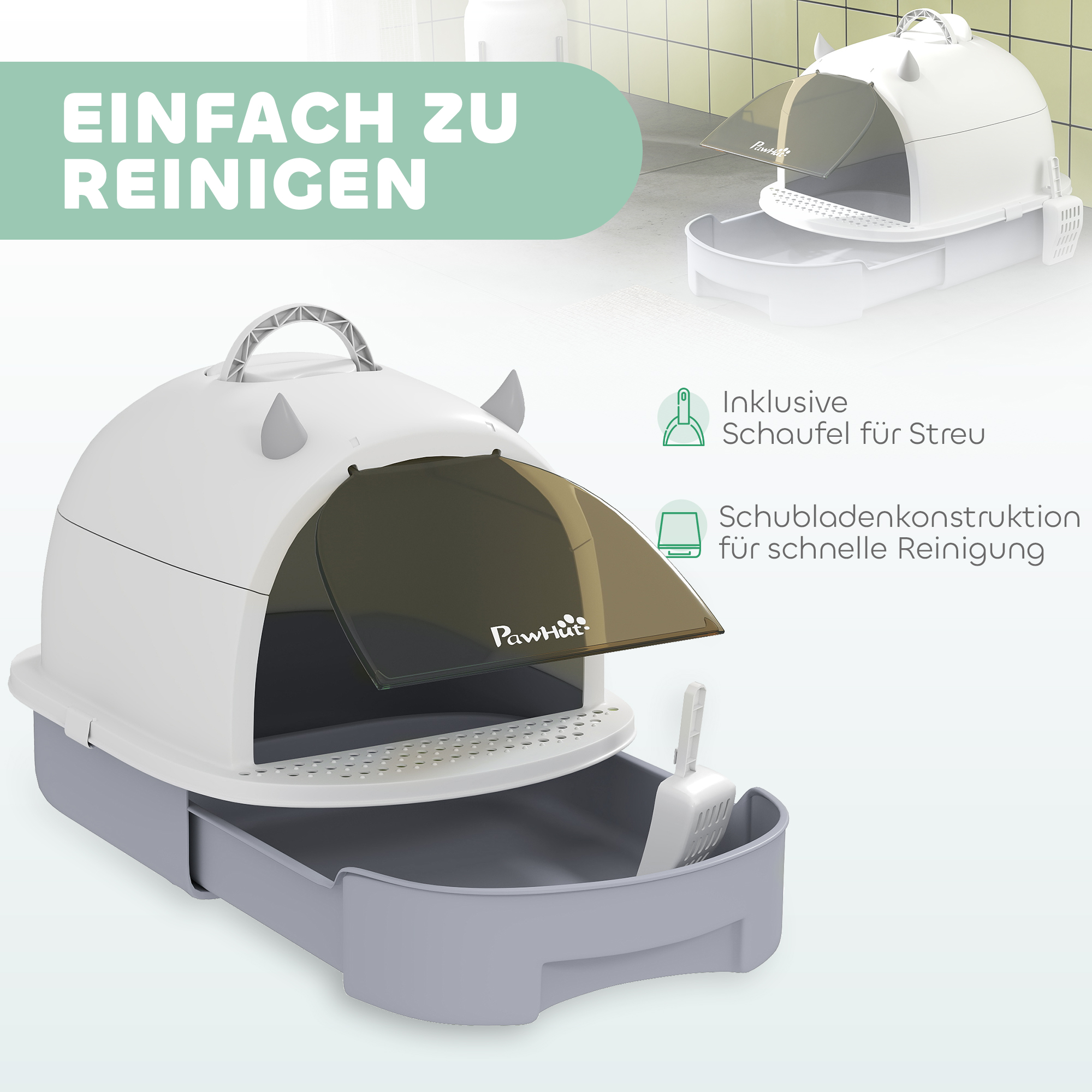 Katzenklo mit Deckel Katzentoilette mit Schaufel Bodenschublade Eingangspedal für Katzen bis 5 kg 40,5x52x39 cm Grau