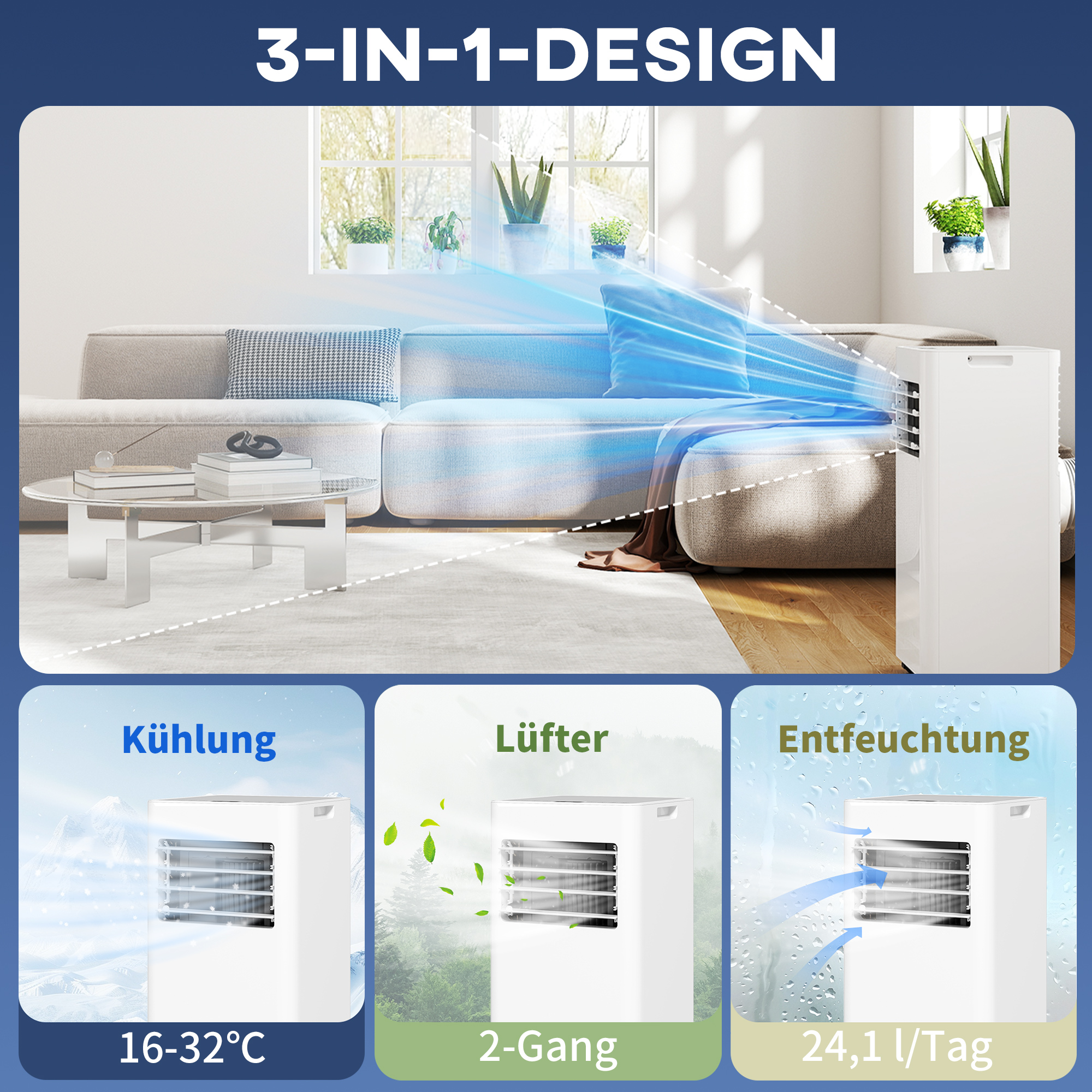 3-in-1 Klimaanlage, Ventilator mit LED-Anzeige, waschbarer Filter, Timer, Weiß