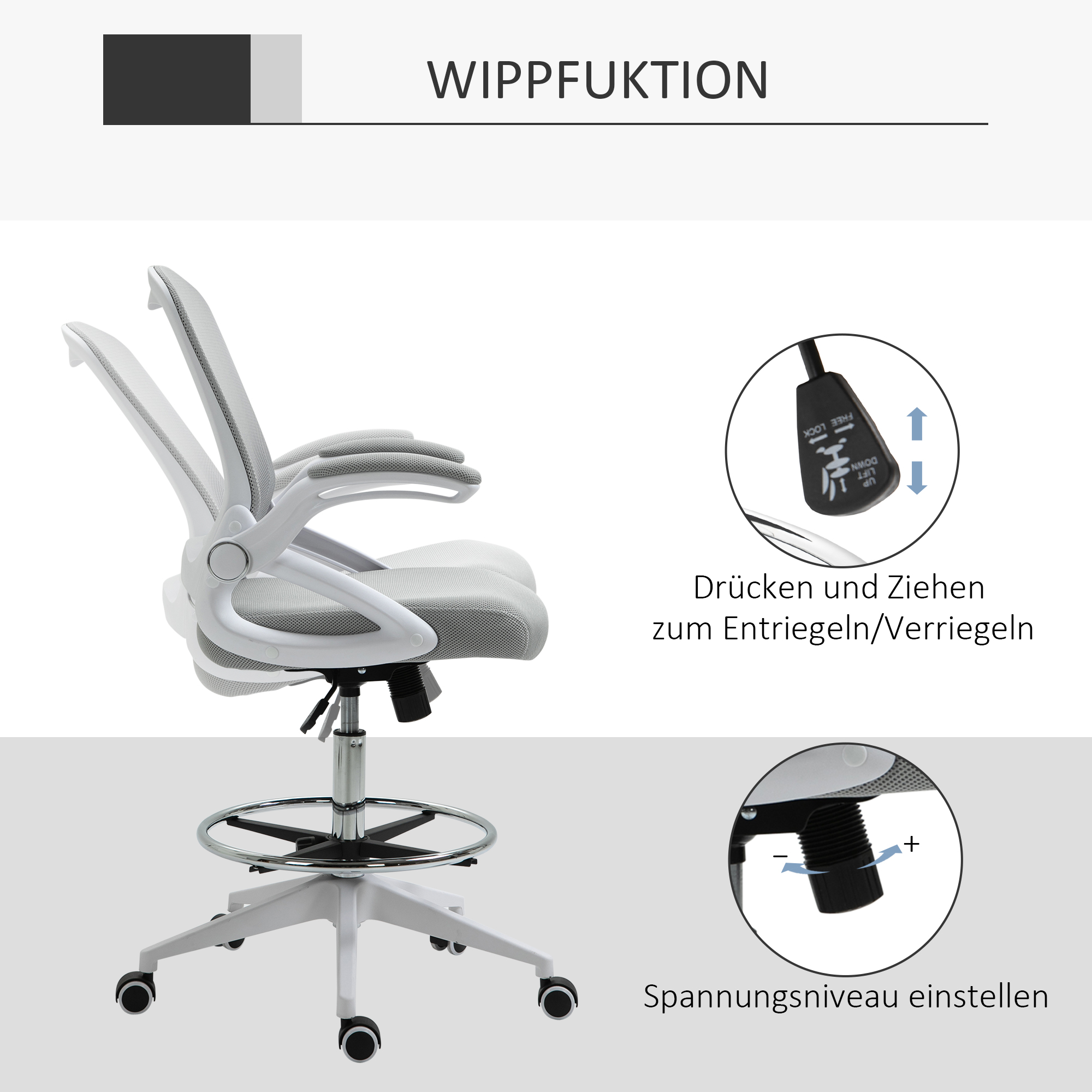 Bürosessel, Schreibtischstuhl, Stehfunktion, mit Fußablage, drehbarer Sitz, Stahl, schwarz, 64 x 60 x 106-126cm