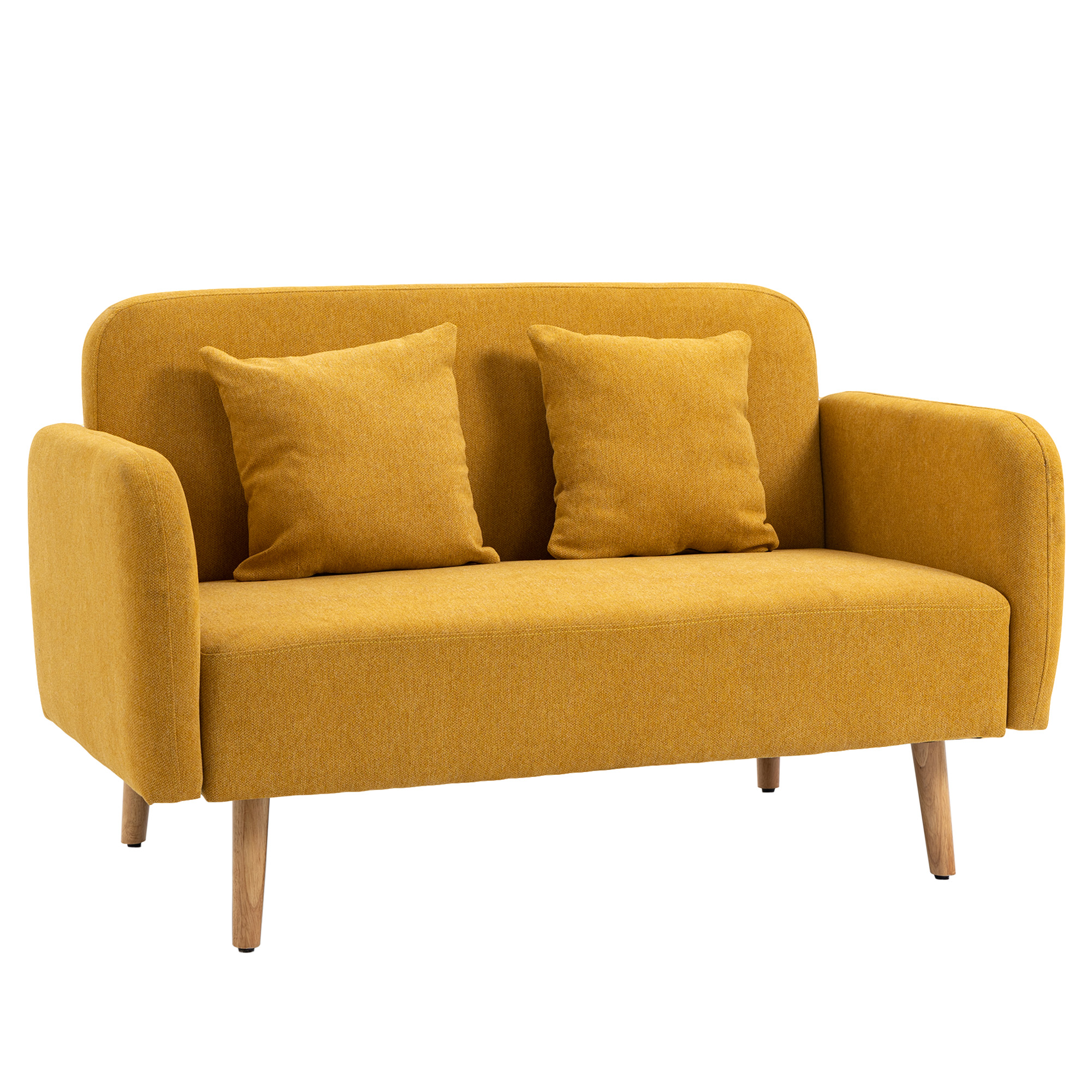 2 Sitzer Sofa, Couch mit 2 Wurfkissen, gepolsterter Doppelsofa, Polstersofa mit Samtopik, Armlehne, Loveseat für Wohnzimmer, Schlafzimmer,  130 x 70 x 80 cm, Gelb