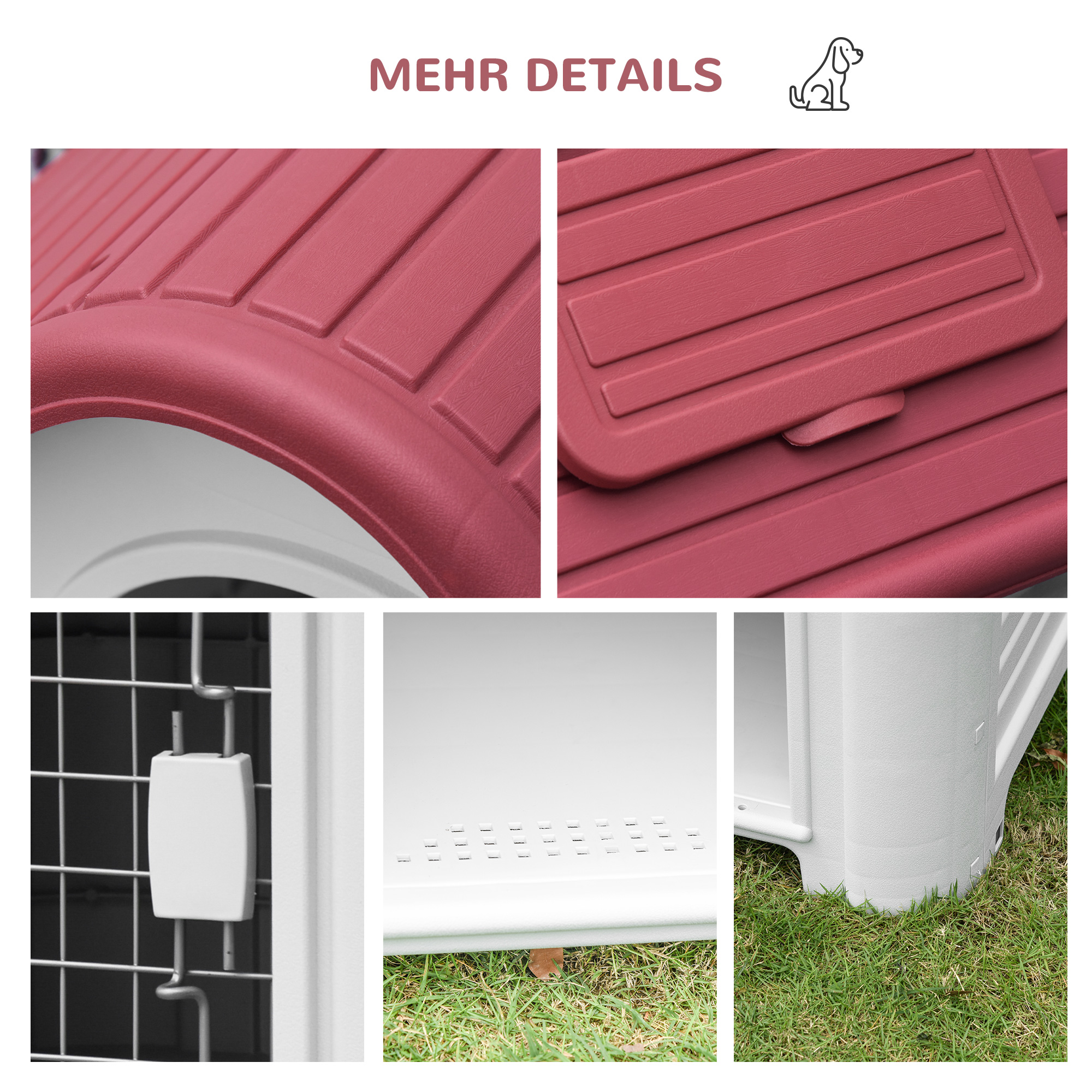 Hundehütte Outdoor Hundehaus mit Dachluke Tor Unterschlupf für kleine Hunde Kleintierstall Luftzirkulation wasserdicht Metall Kunststoff Rot+Hellgrau 59 x 75 x 66 cm