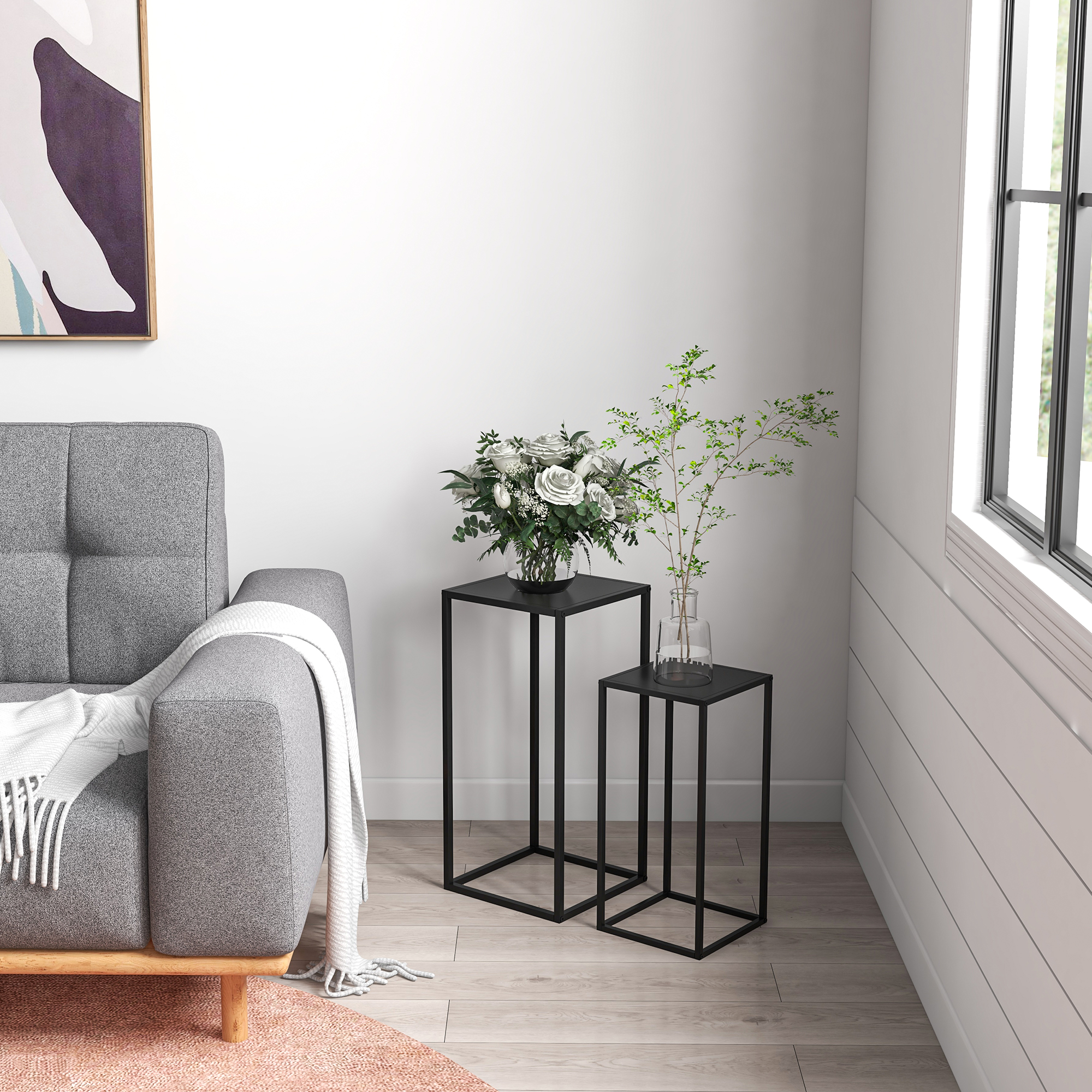 Blumenständer, 2er-Set, Skandinavisches Design, Metallrahmen, 58,5/65cm Höhe, Schwarz