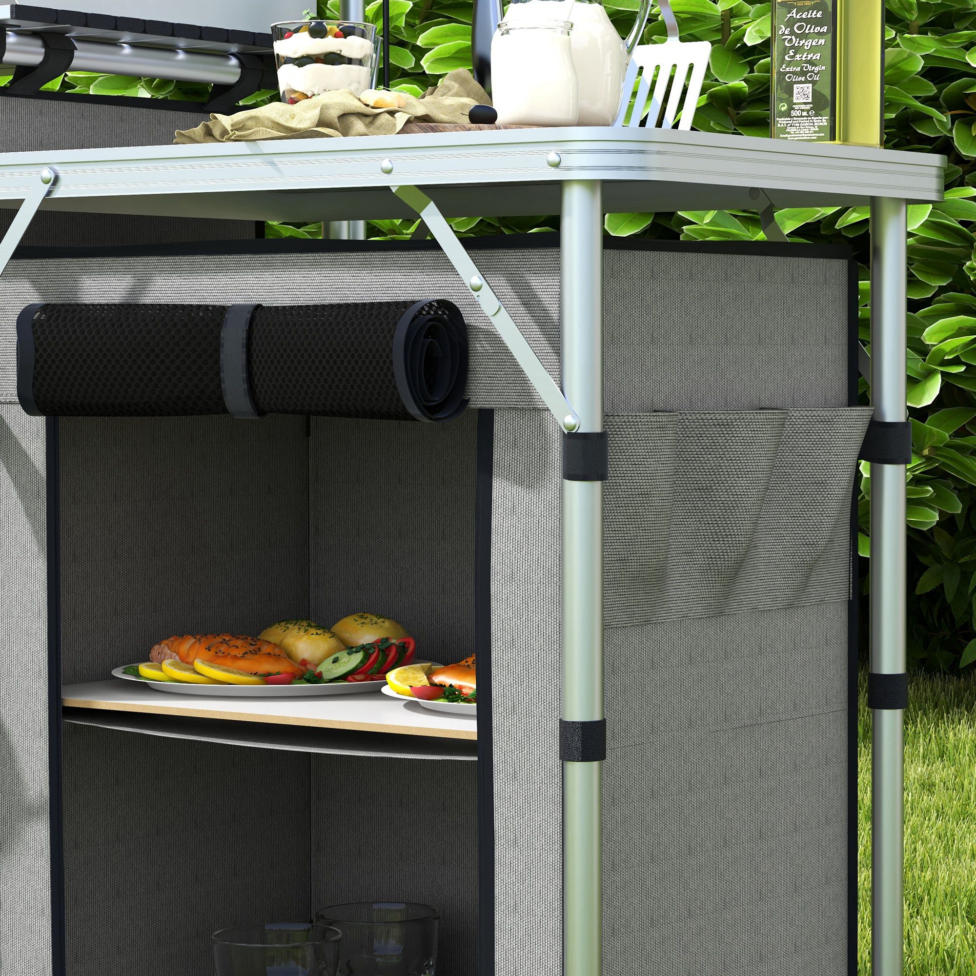 Campingküche, klappbar, Windschutz, 3 Stofffächer, Aluminiumrahmen, 172x48x119cm, Grau/Silber