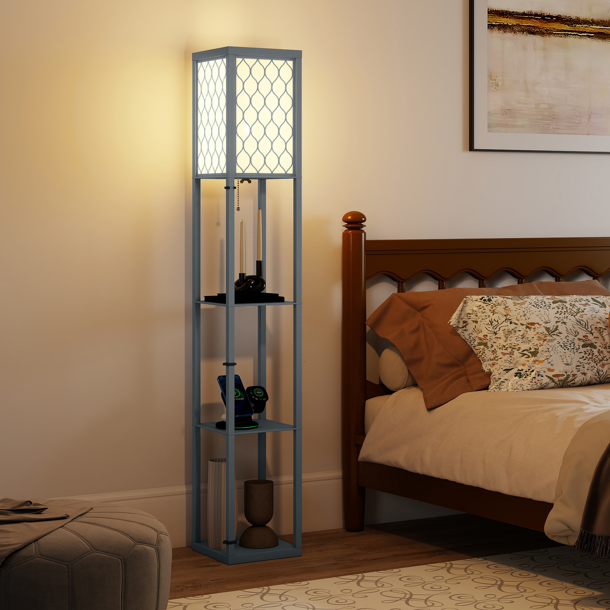 Stehlampe mit Regal, 3 Fächer, kompakte Maße, MDF, Hellgrau