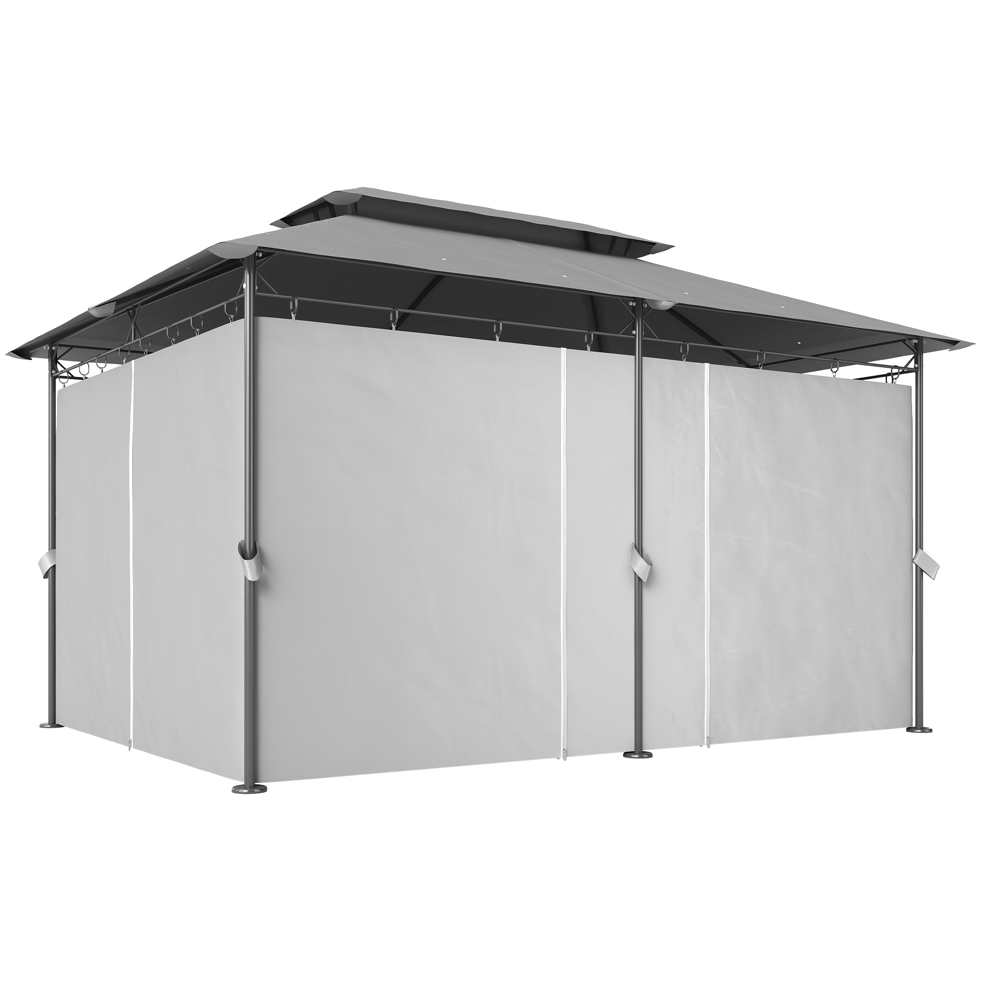 Gartenpavillon 3x4 m mit abnehmbaren Vorhängen, Doppeldach und Metallgestell, Dunkelgrau