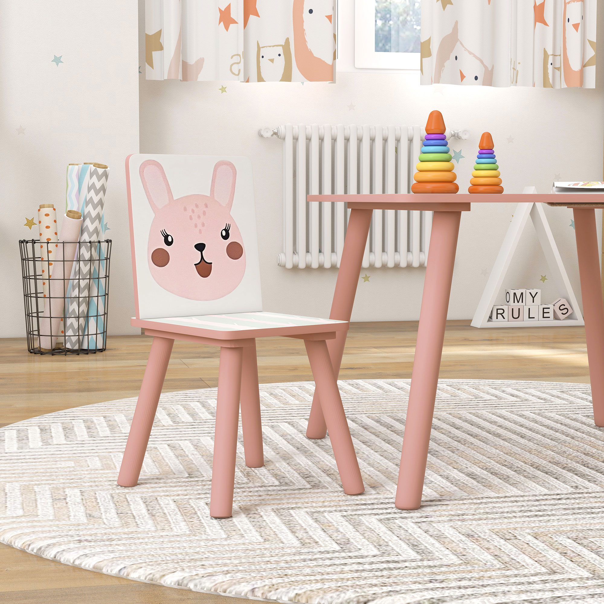 Kindersitzgruppe aus Kiefernholz, Tisch mit 2 Stühlen, Tiermotiv, Kinderzimmer, 3-8 Jahre, Rosa