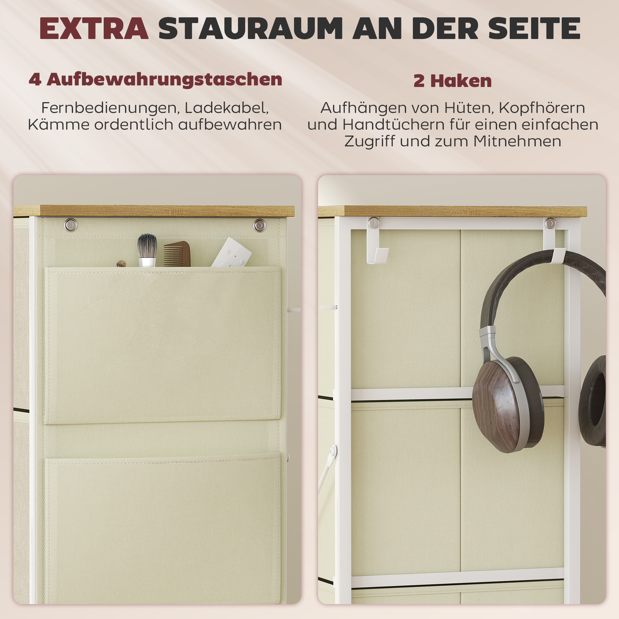 Schlafzimmer-Kommode mit 8 Stoffschubladen, Stahlstreben, Holzoberfläche, 4 Aufbewahrungstaschen, 2 Haken, Beige