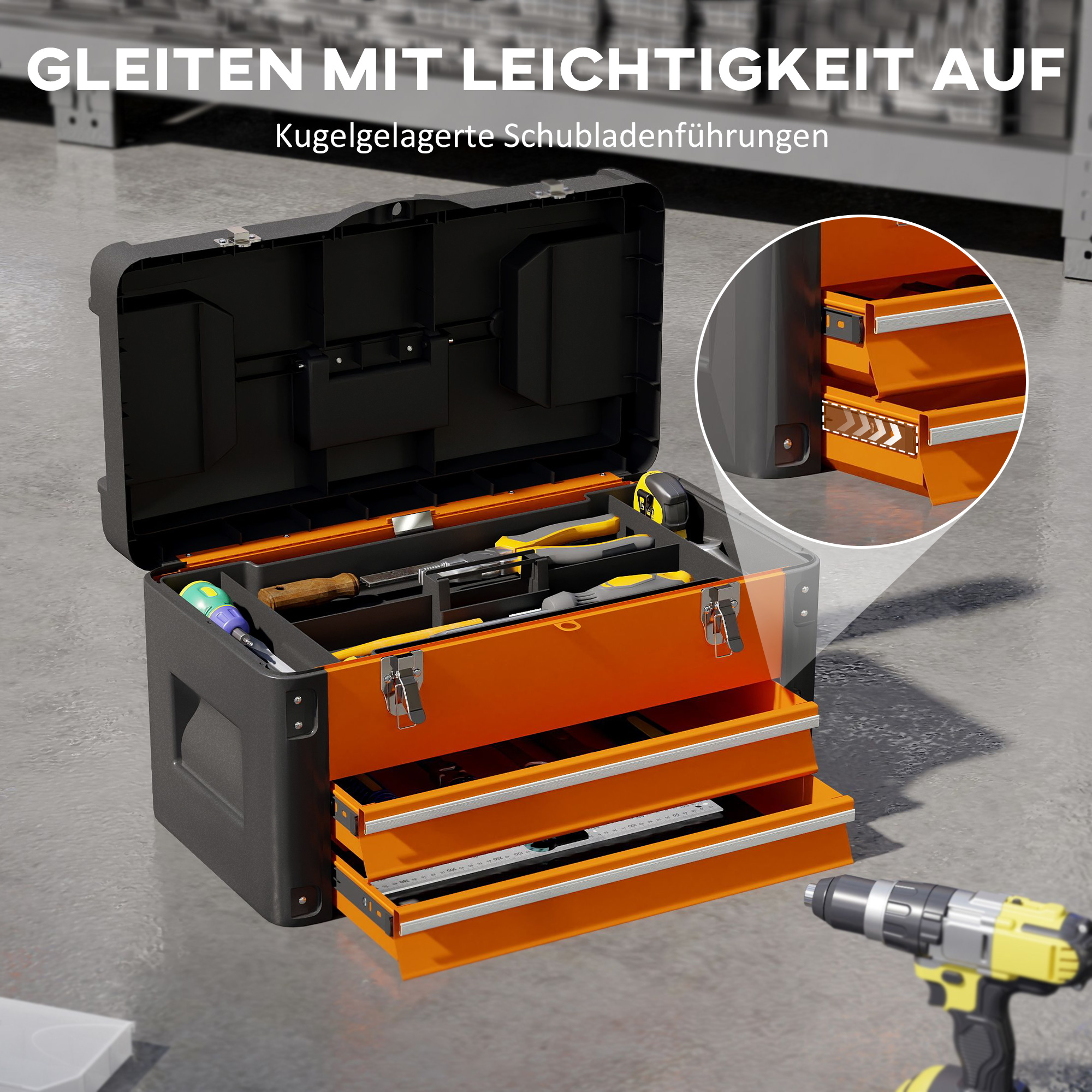 Werkzeugkiste leer, 49,7 x 25,3 x 28,9 cm Werkzeugkasten mit Schublade, Mini-Box Stahl Orange