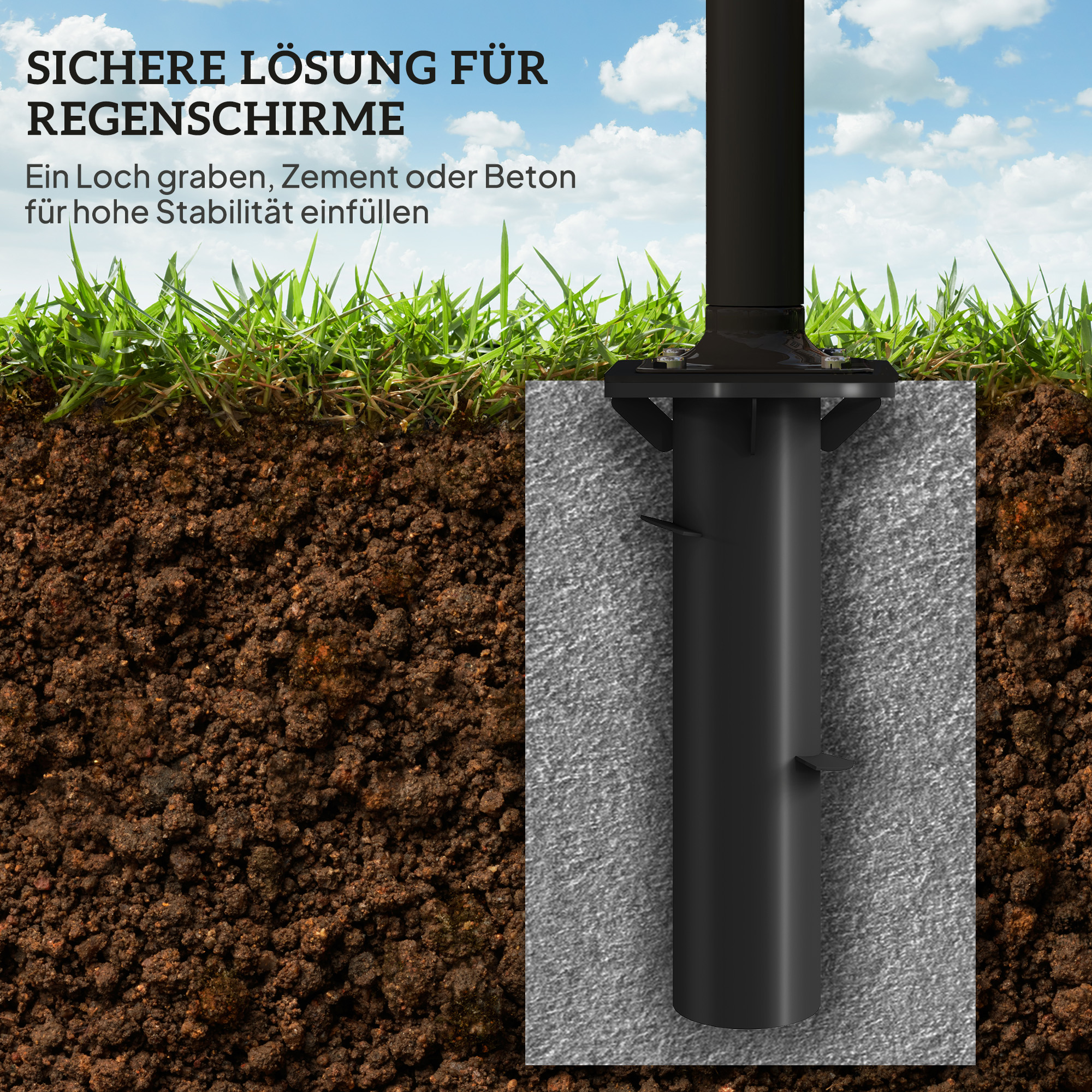 Schirmständer, Sonnenschirmbasis, Bodenhalter für Sonnenschirme, feste Installation, Metall, Dunkelgrau