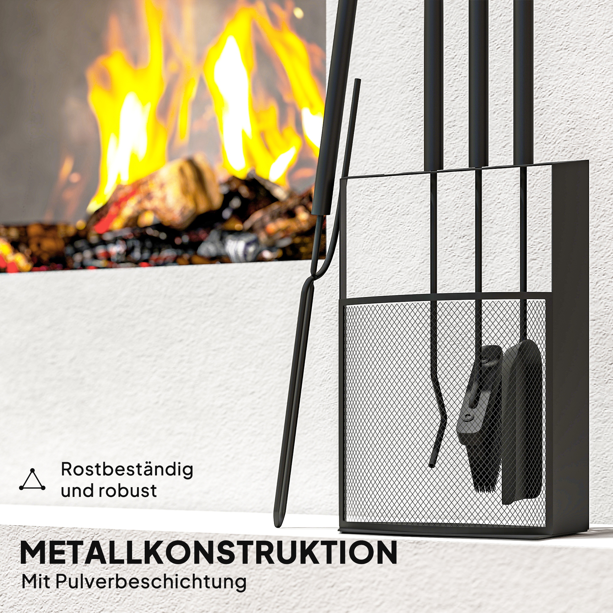 Kaminbesteck Set 5teilig Kaminzubehör mit Besen, Schaufel, Schürhaken Zange Ständer Metall, Schwarz