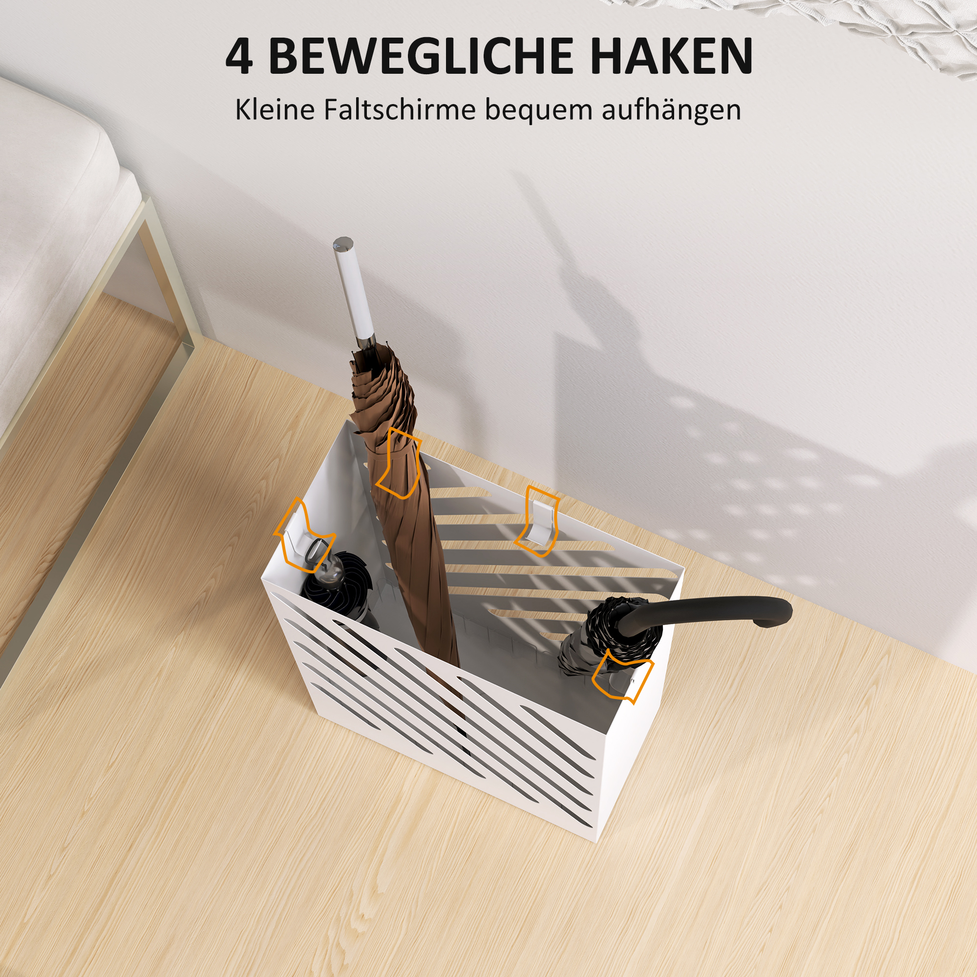 Regenschirmständer mit Tropfschale, 4 Haken, Stahl, 28L x 14B x 41H cm, Weiß