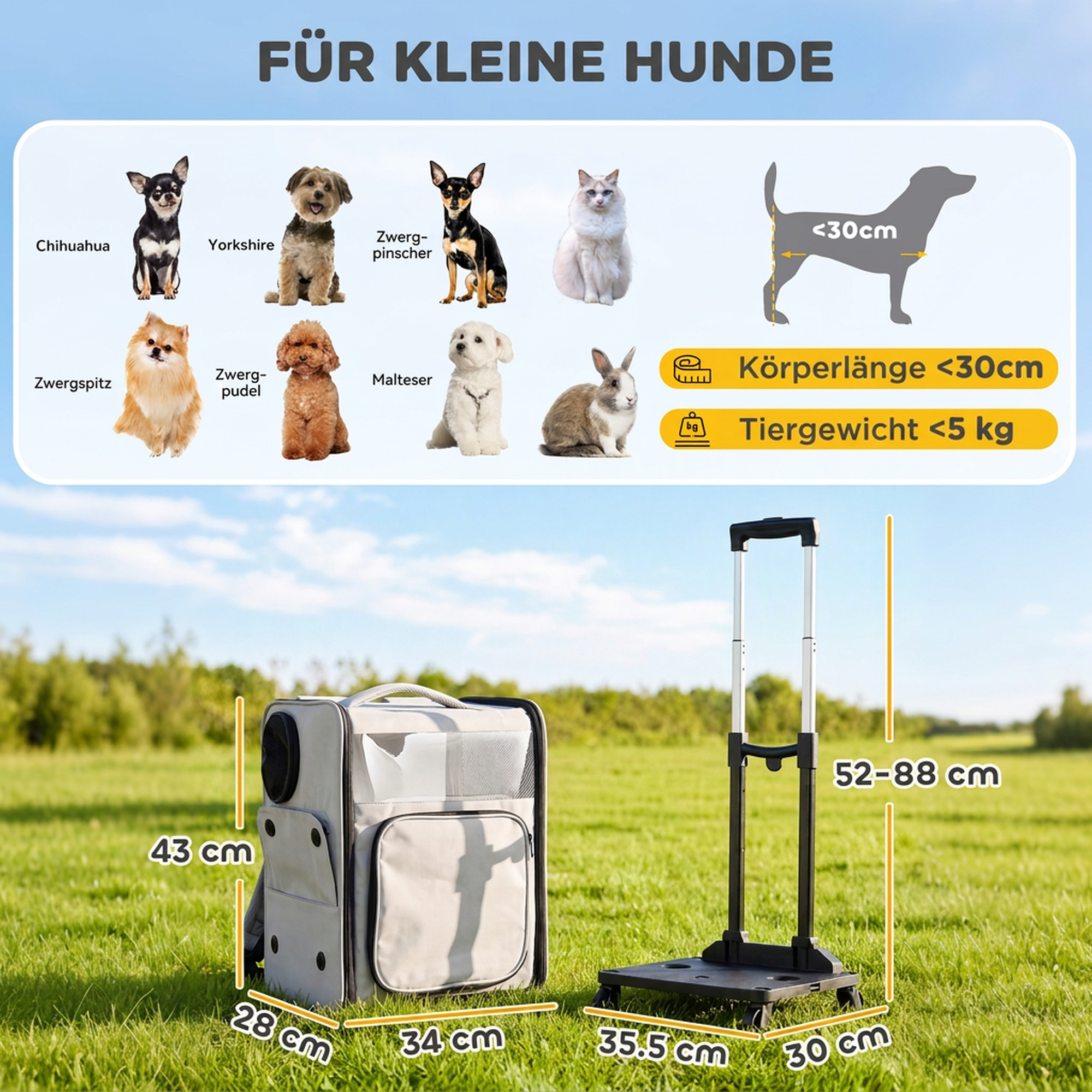 Hunderucksack 2 in 1 faltbare Transporttasche mit Rollen Rückenstütze Mesh-Fenstern Seitentasche bis 5 kg
