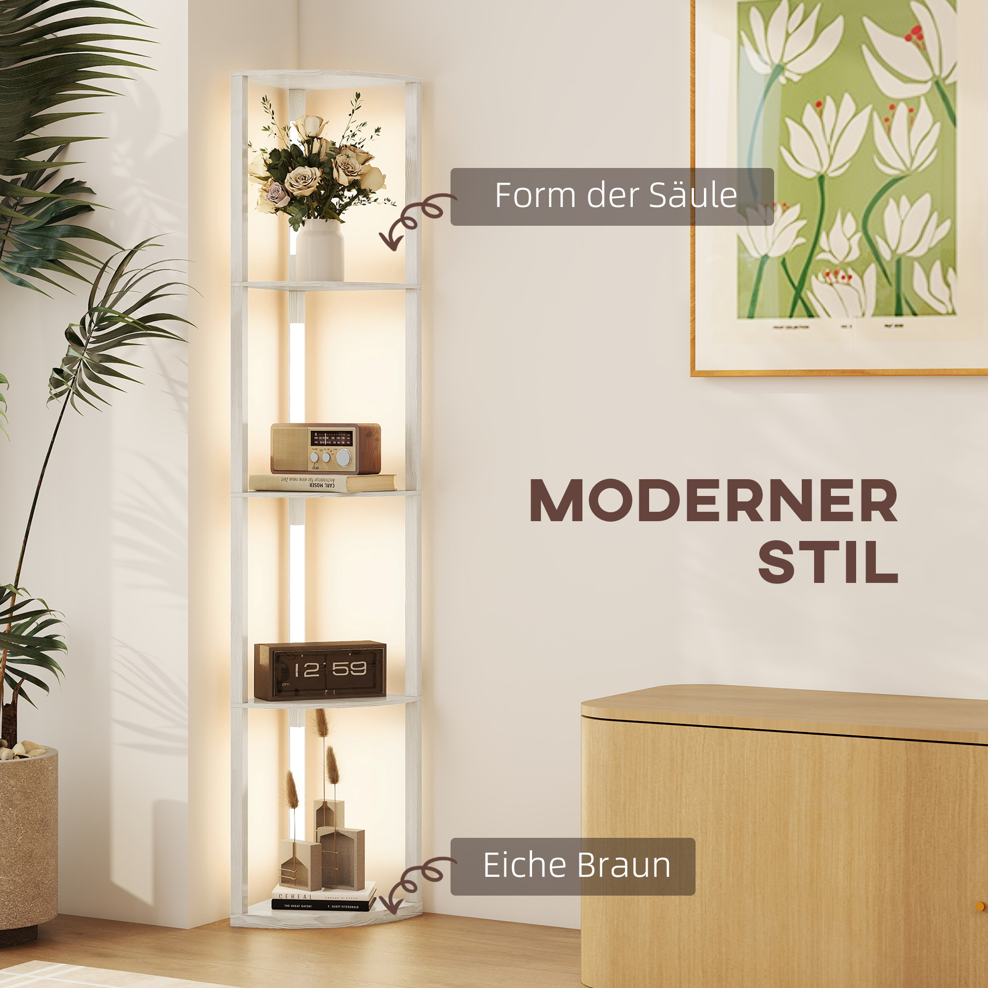 LED Standleuchte, Eckregal, dimmbar, 4 Ablagen, warmweißes Licht, 41x30x164cm, Eiche
