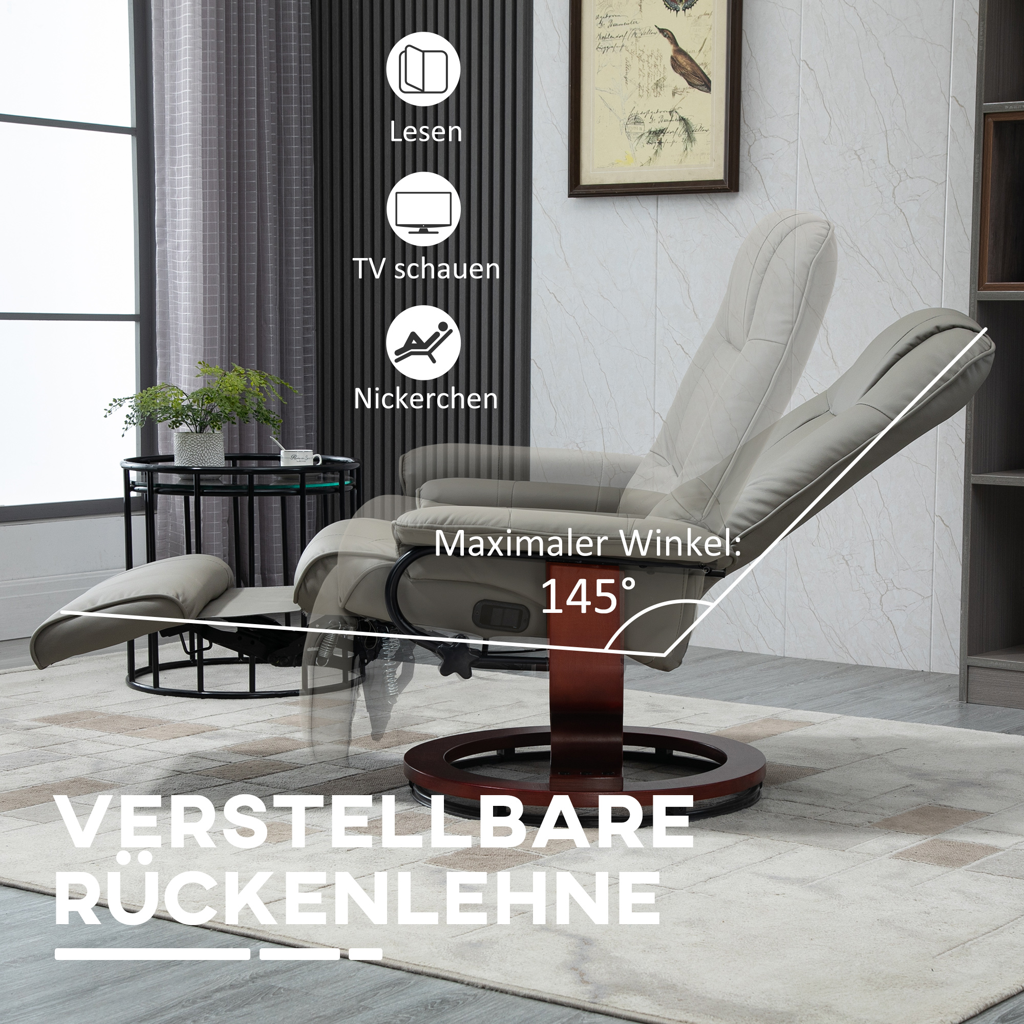 Relaxsessel Fernsehsessel Liegesessel Kunstleder 360° Drehstuhl 145° neigbar Grau 78 x 87 x 100 cm