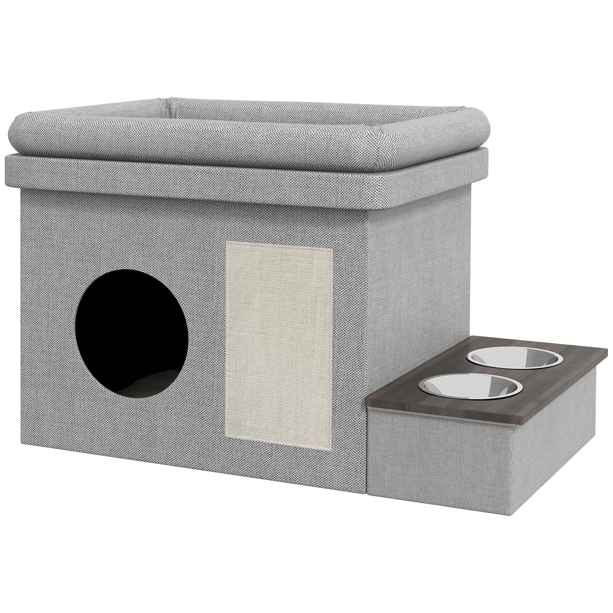 Katzenhaus, Futterplatz mit 2 Edelstahlnäpfen, Kratzmatte, weiches Liegekissen, 78 x 48 x 49,5 cm, grau