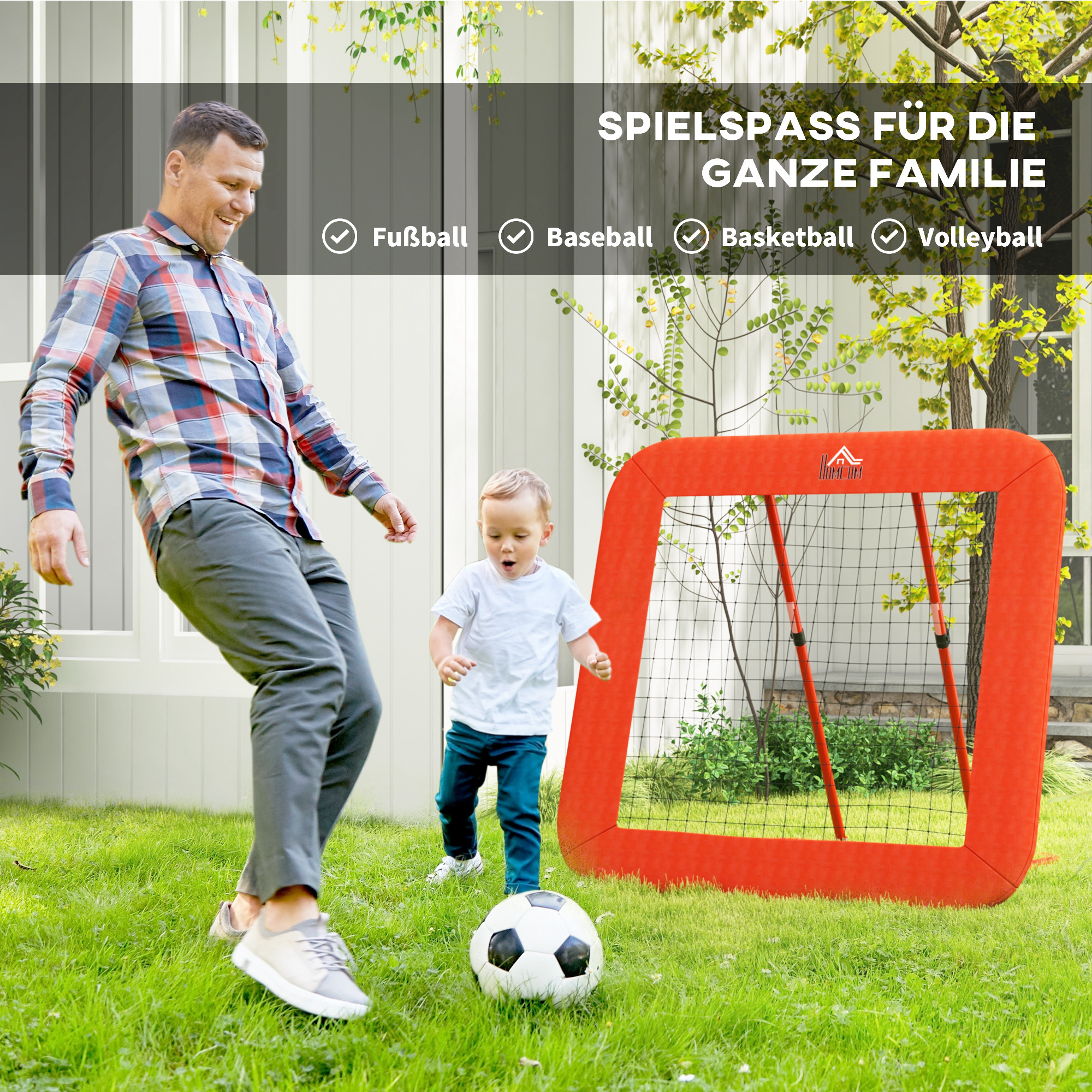 Fußball-Rückprallnetz, verstellbar, faltbar, Metallrahmen, Allwetter-PE-Netz, inkl. Heringe, Rot