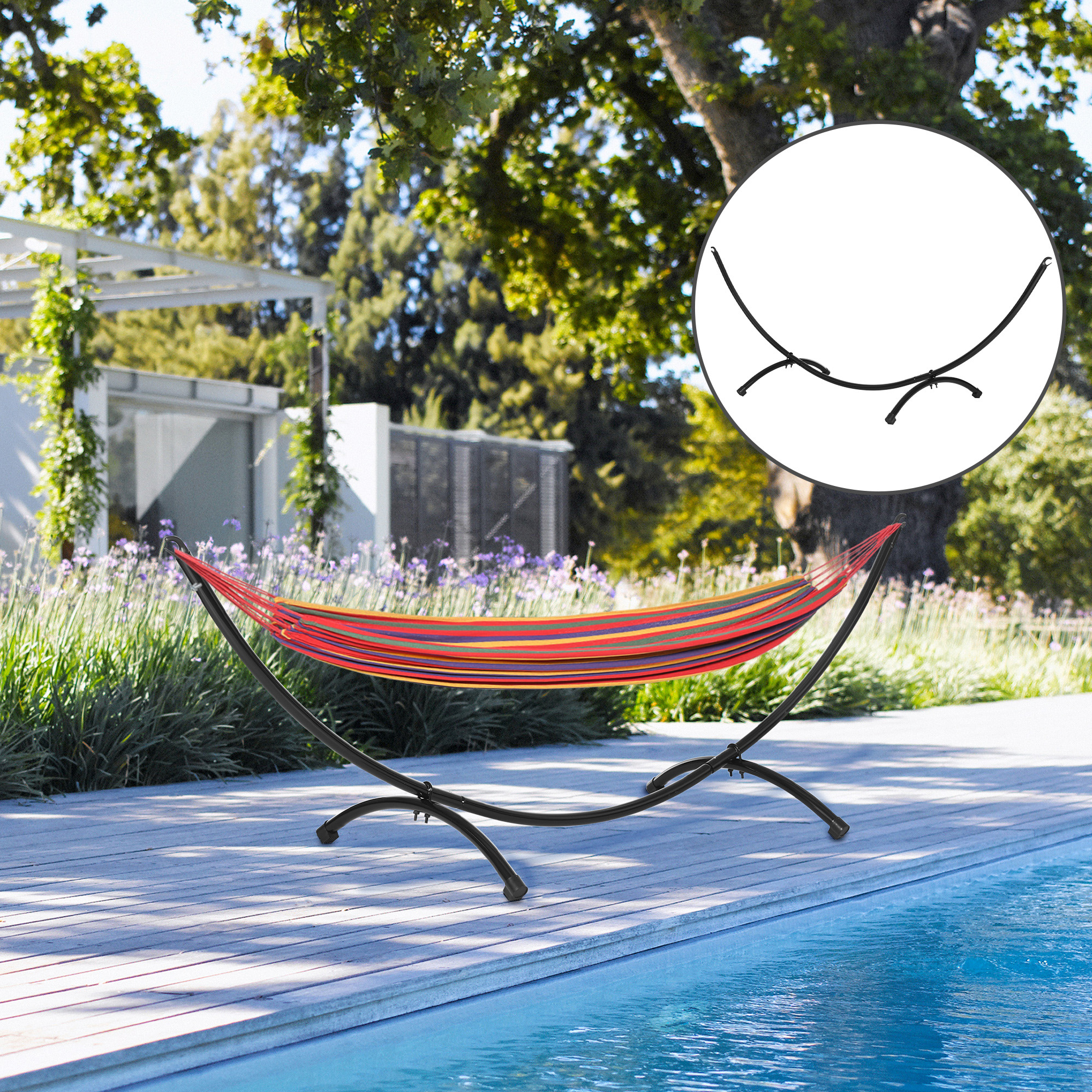 Hängemattengestell Outdoor aus Stahl 300cm x 90cm x100cm Hängemattenständer mit Zugseil bis 120 kg Hängesessel Gestell für Garten Strand Camping Schwarz