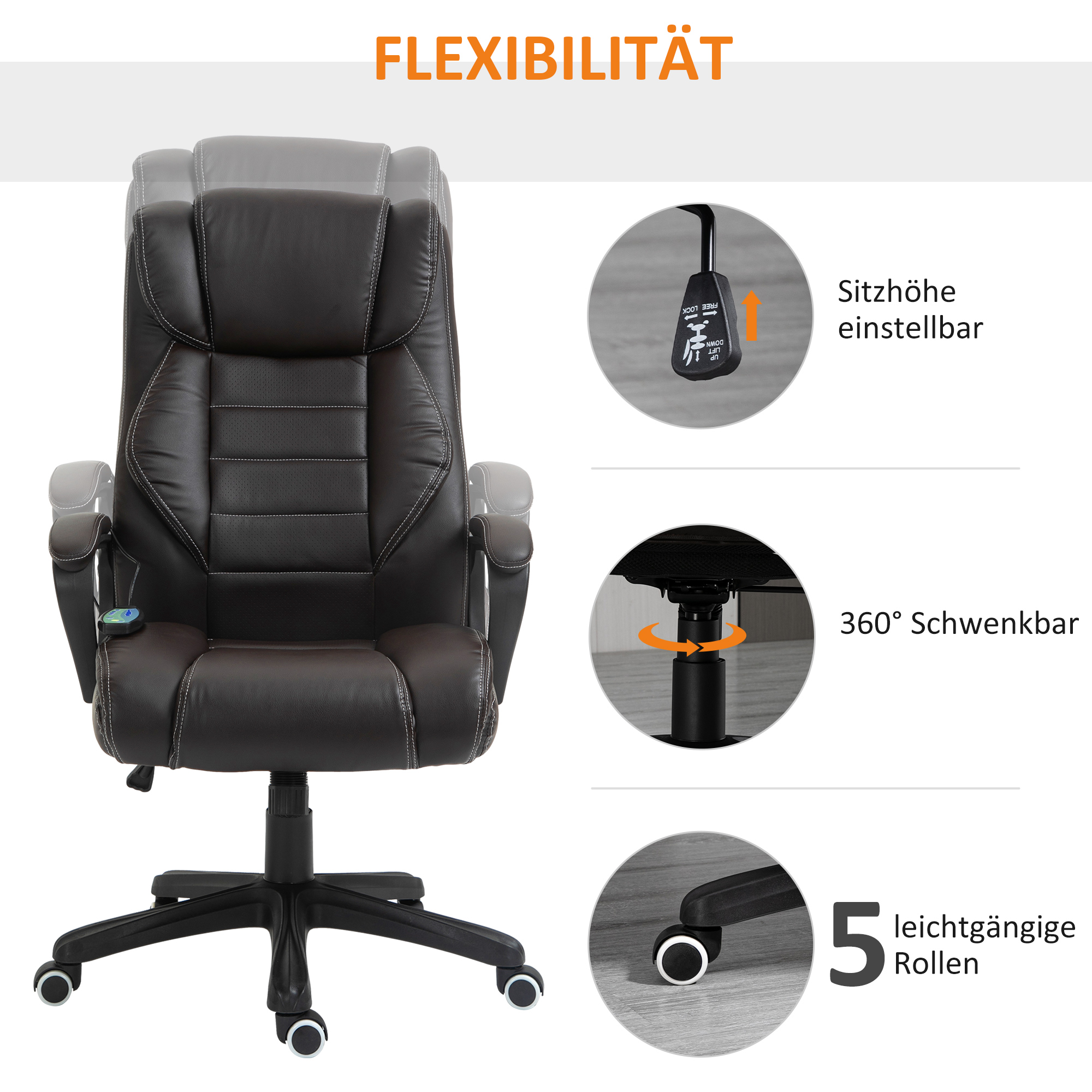 Bürostuhl mit Massagefunktion, höhenverstellbarer Chefsessel, ergonomischer Drehstuhl, 6 Vibrationspunkte, Braun